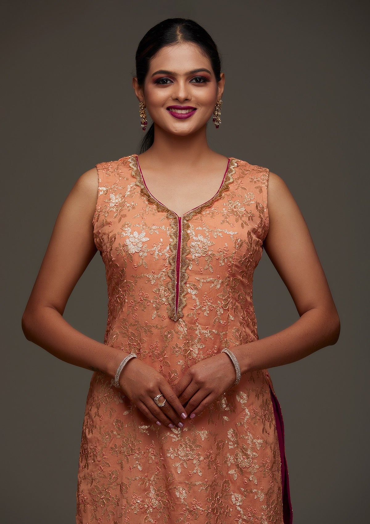 Peach Sequins Semi Crepe Designer Salwar Suit