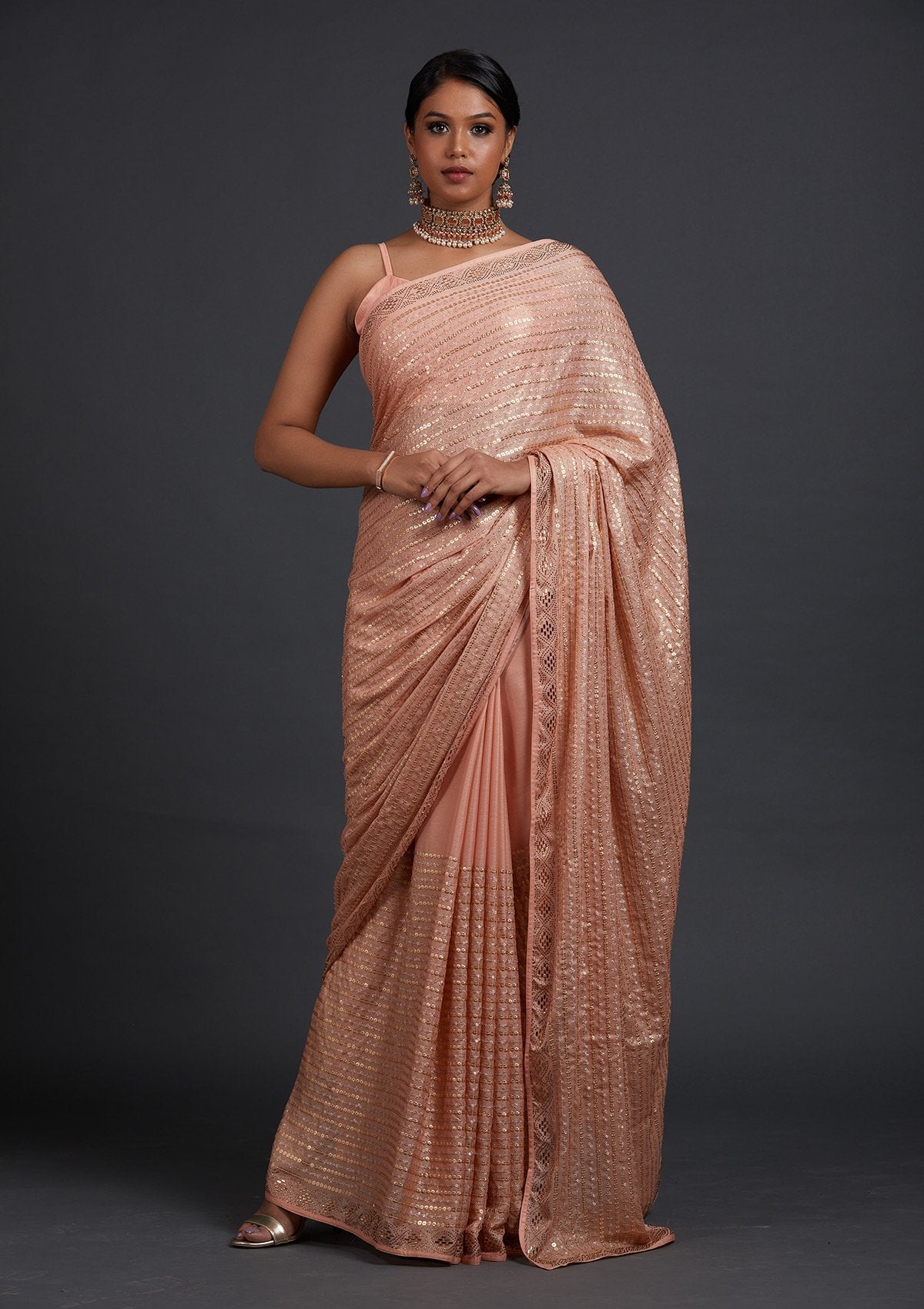 Peach Sequins Shimmer Designer Saree