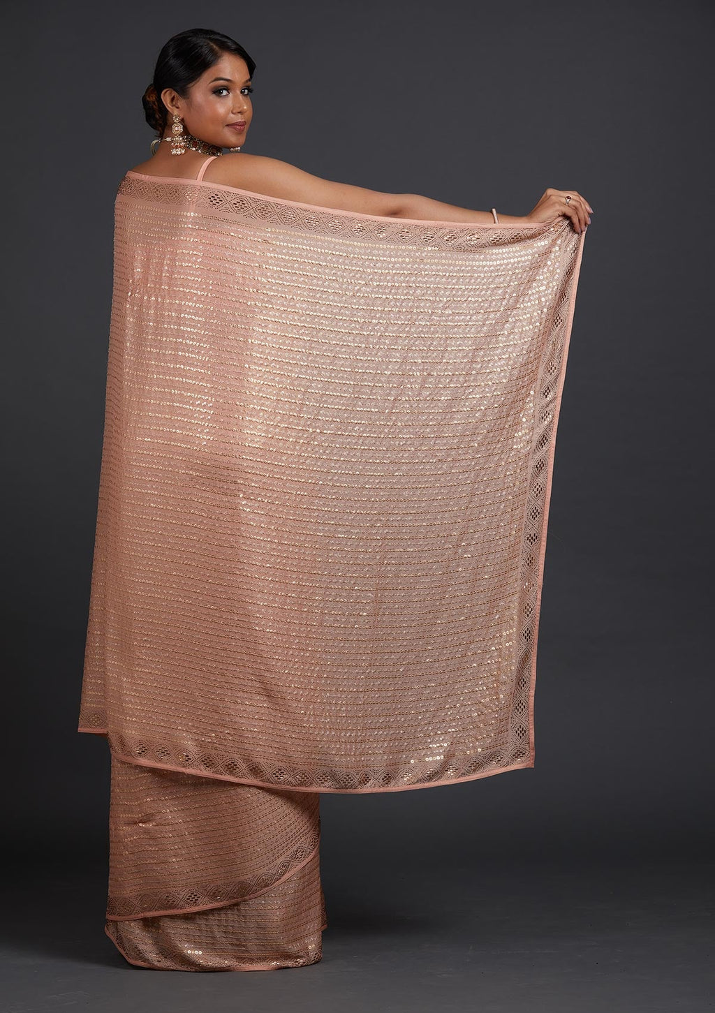 Peach Sequins Shimmer Designer Saree