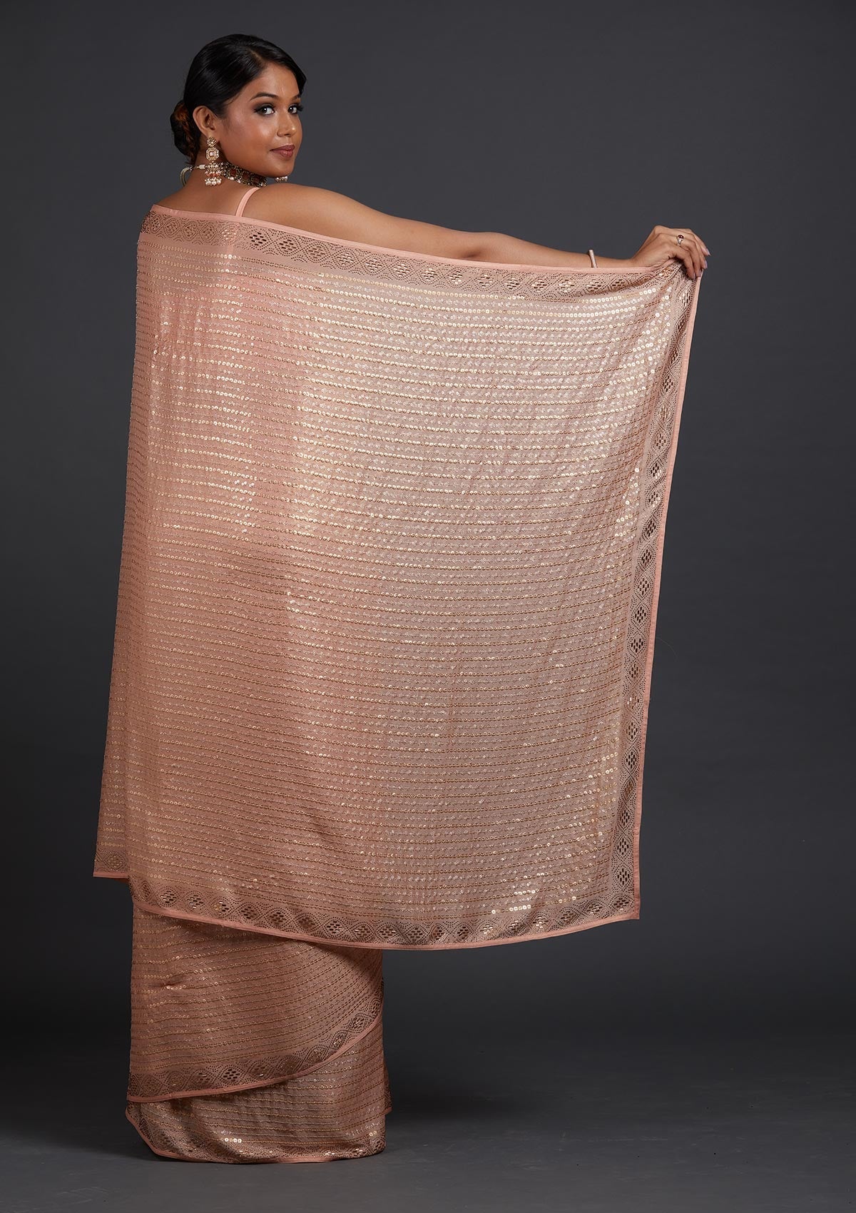 Peach Sequins Shimmer Designer Saree