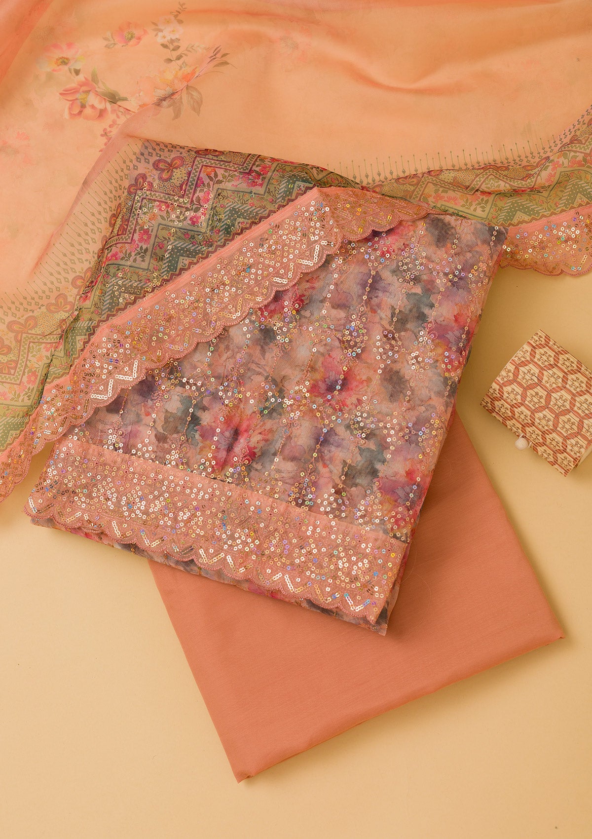 Peach Sequins Organza Unstitched Salwar Suit
