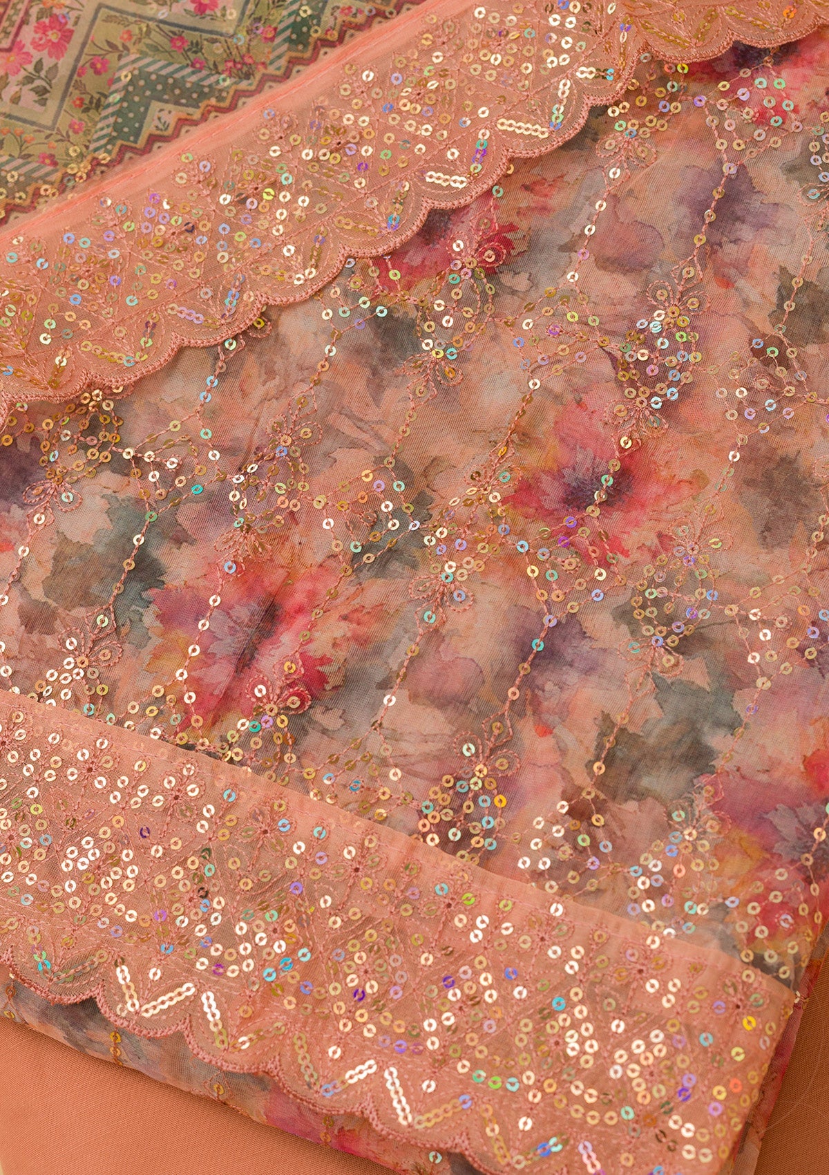 Peach Sequins Organza Unstitched Salwar Suit