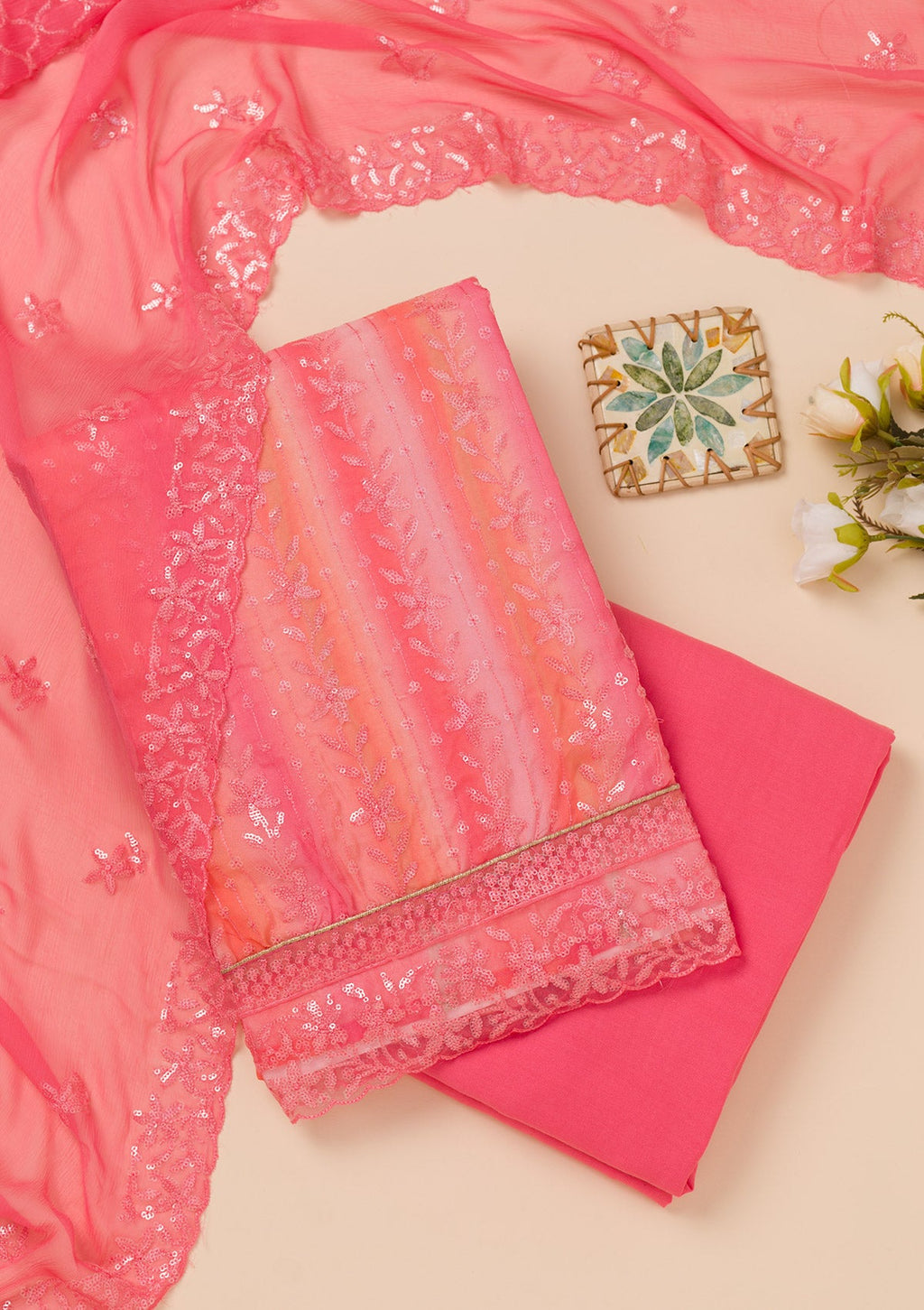 Peach Sequins Tissue Unstitched Salwar Suit