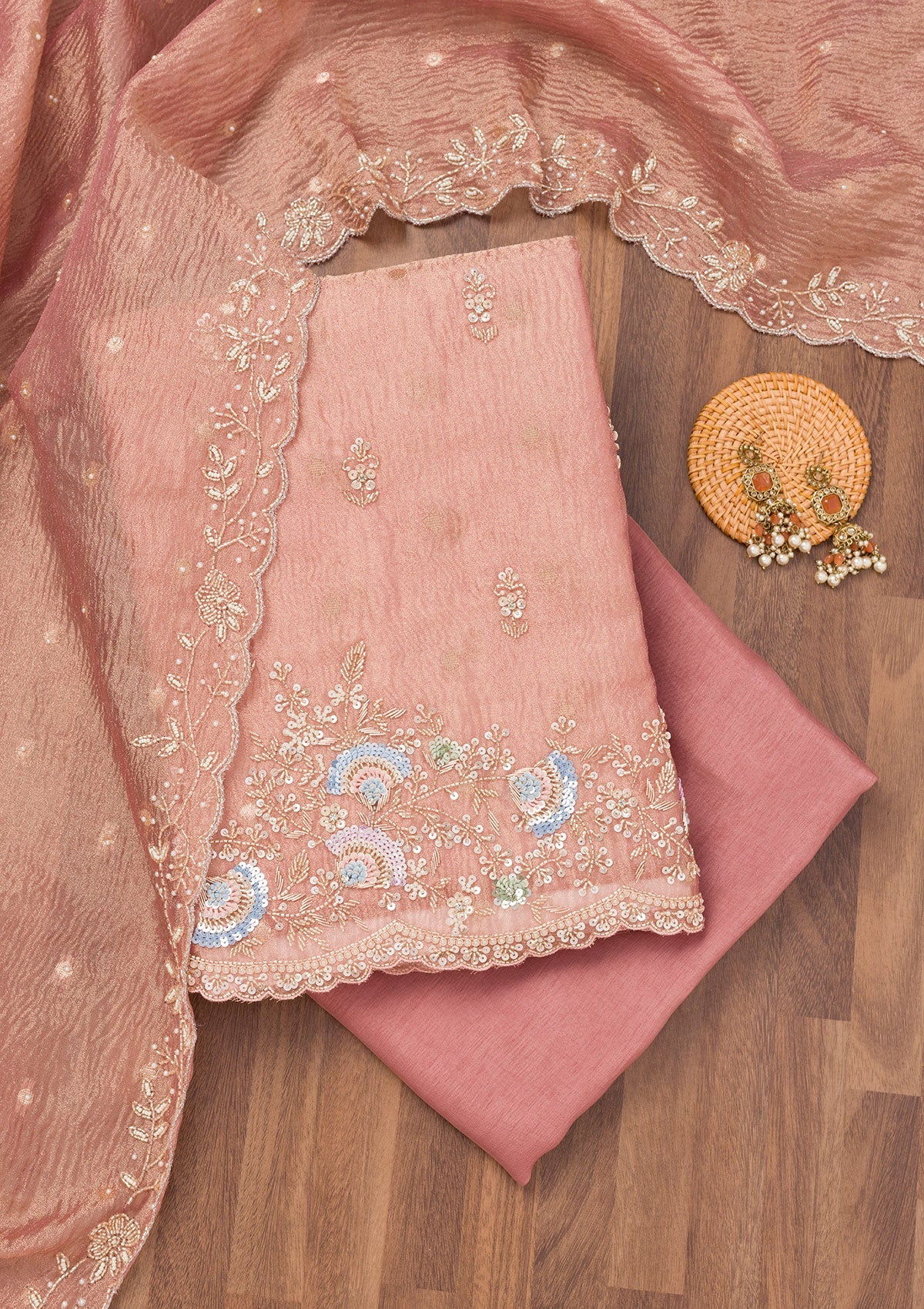 Peach Sequins Tissue Unstitched Salwar Suit