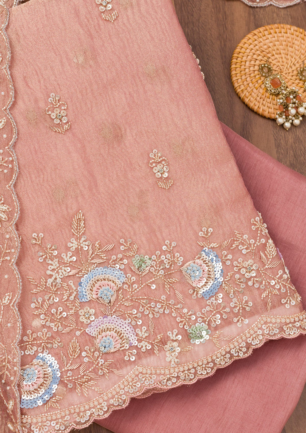Peach Sequins Tissue Unstitched Salwar Suit