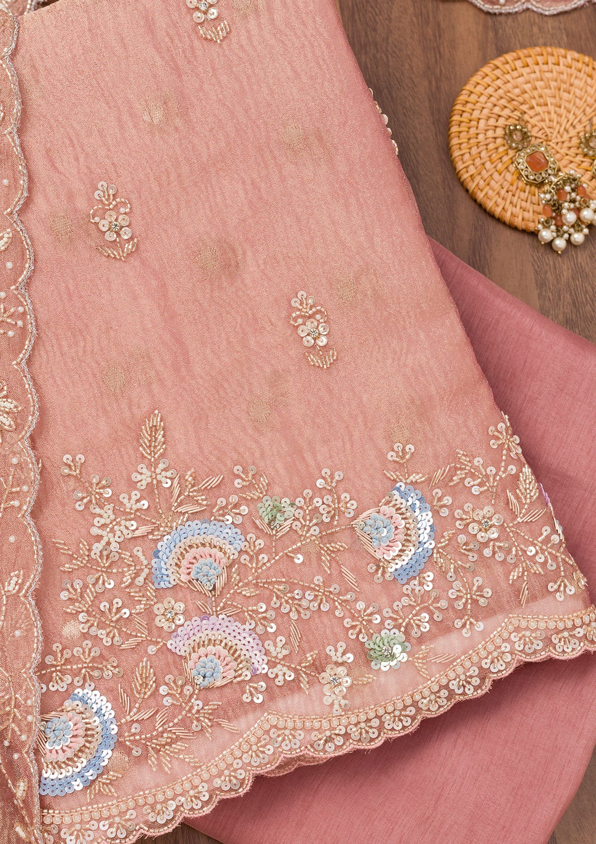 Peach Sequins Tissue Unstitched Salwar Suit