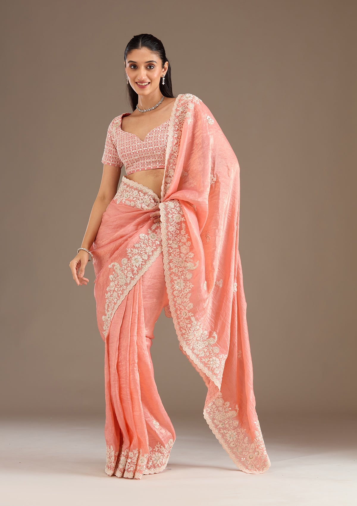 Peach Sequins Tissue Saree