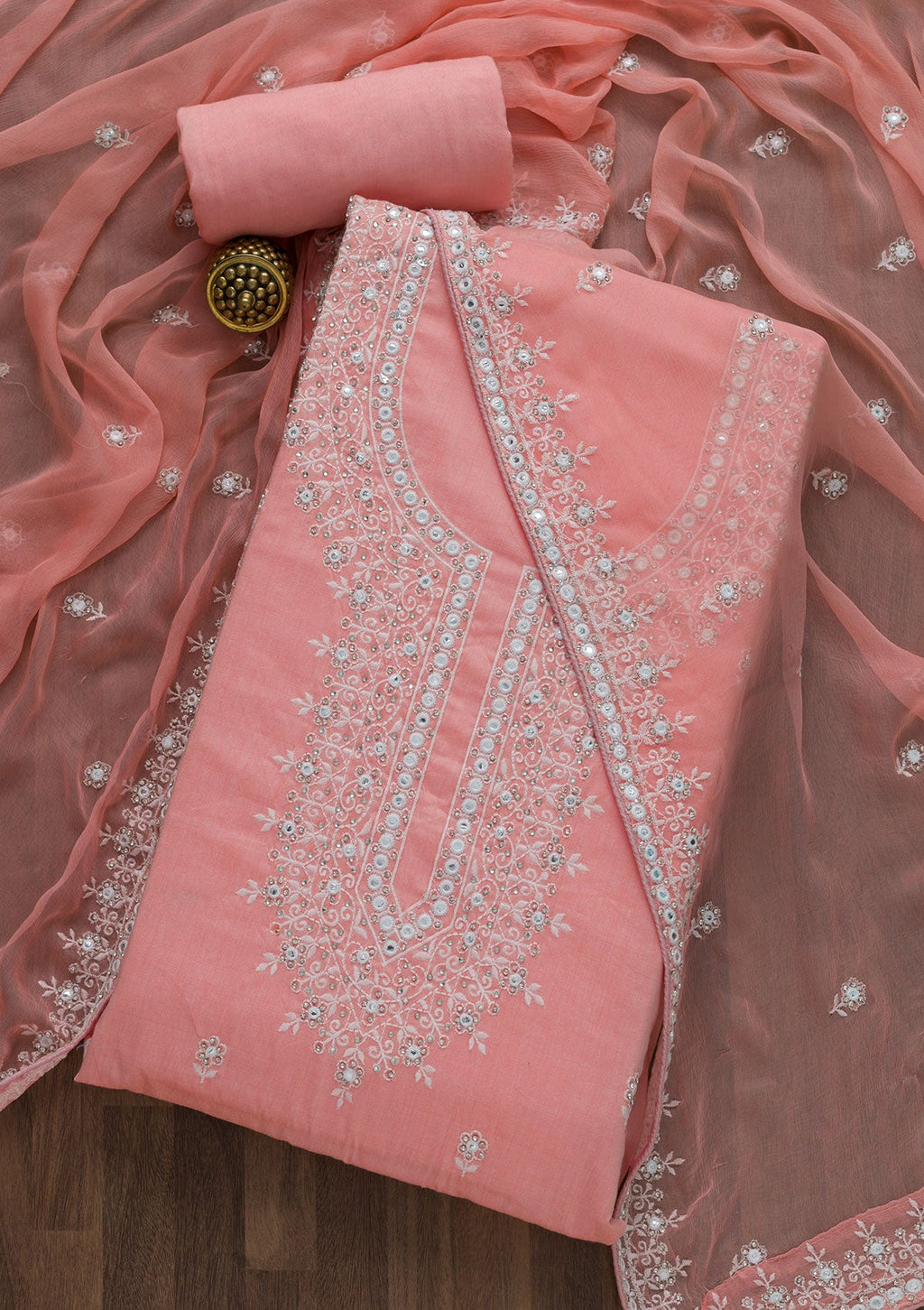 Peach Stonework Cotton Semi-Stitched Salwar Suit