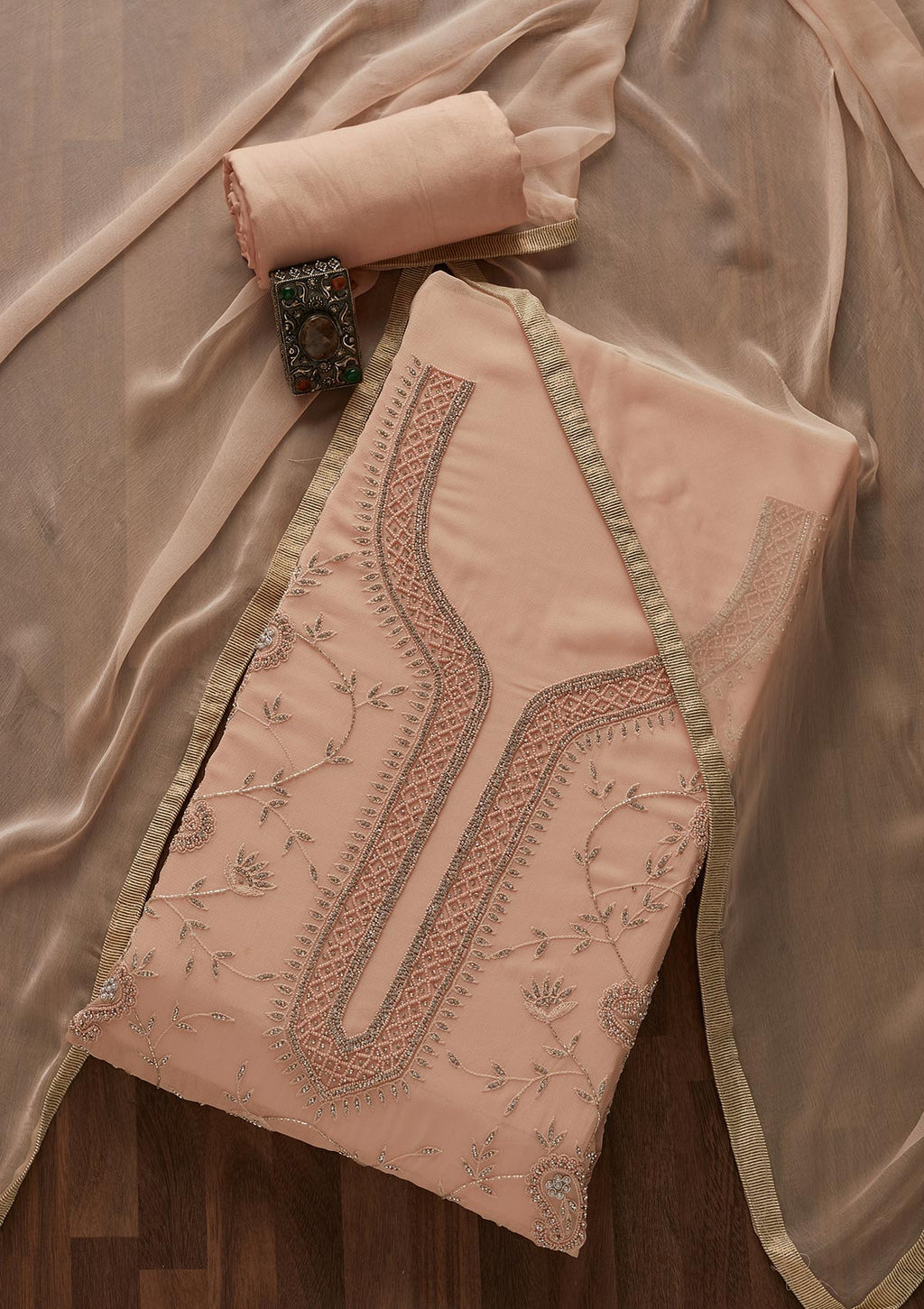 Peach Stonework Georgette Unstitched Salwar Suit