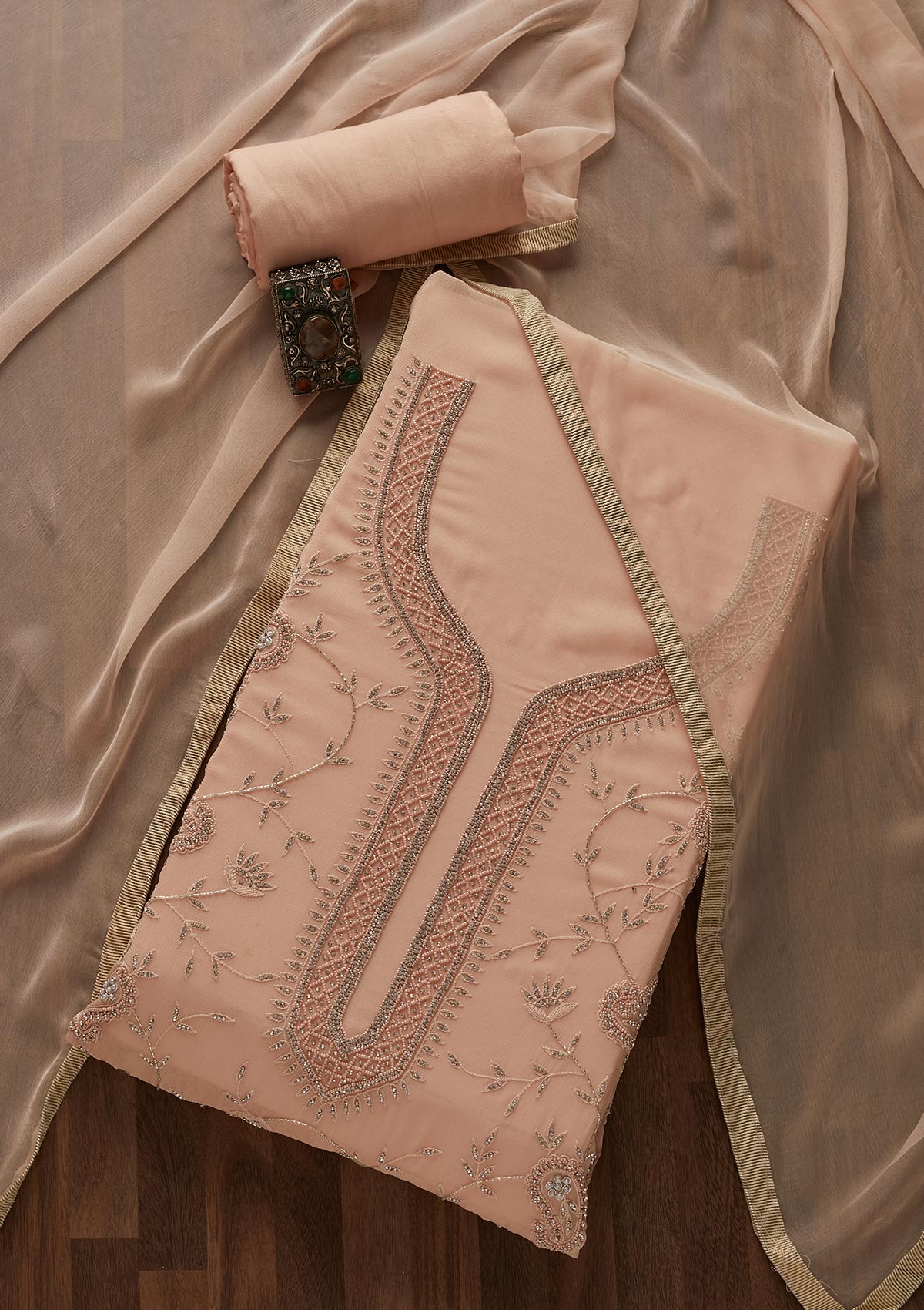 Peach Stonework Georgette Unstitched Salwar Suit