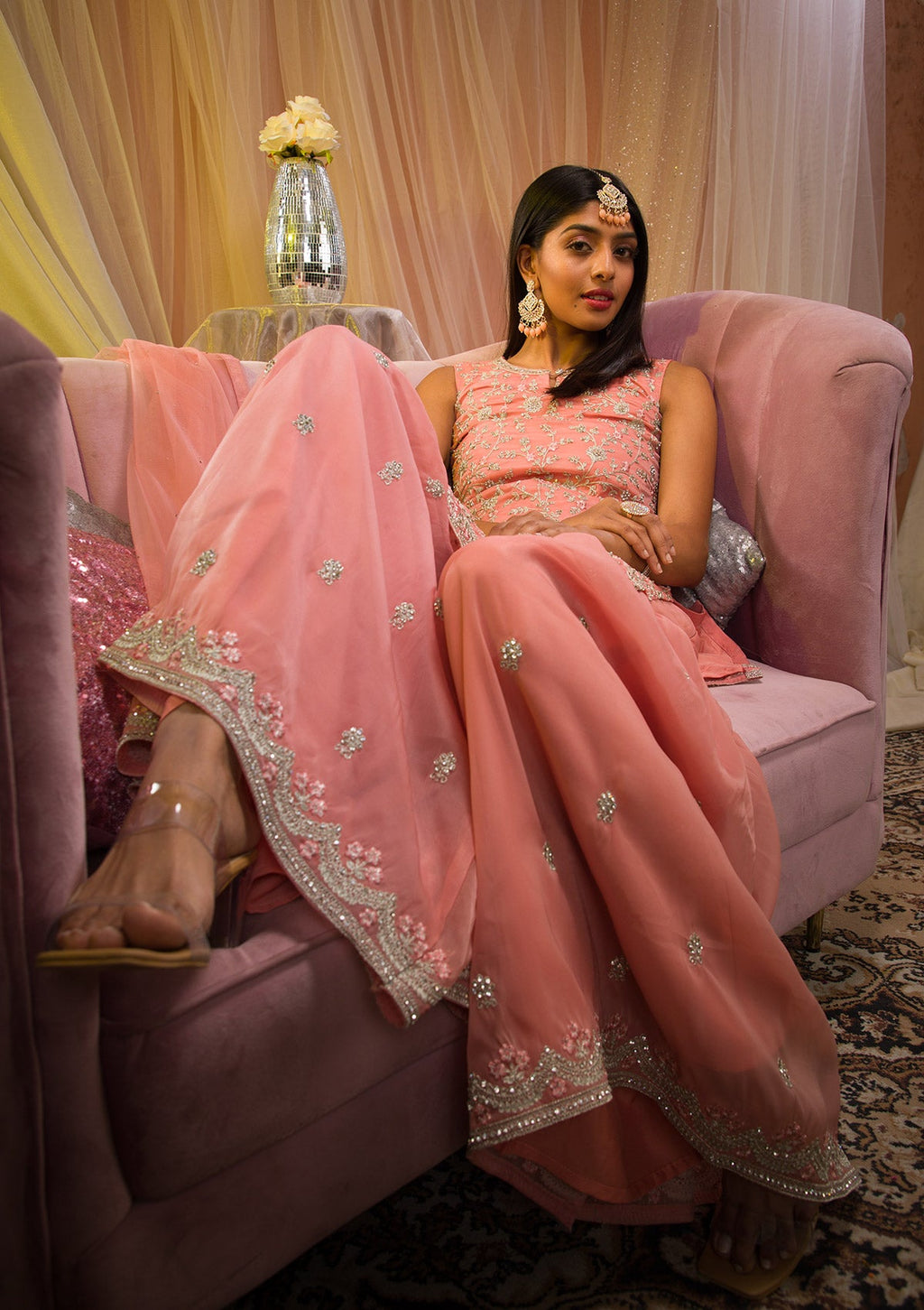 Peach Stonework Tissue Readymade Sharara Suit