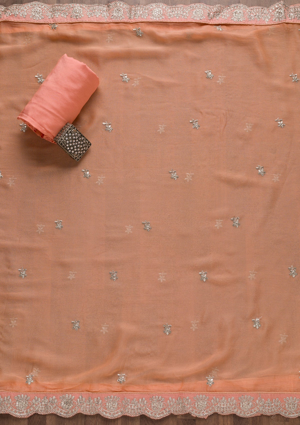 Peach Silver Zariwork Tissue Unstitched Salwar Suit