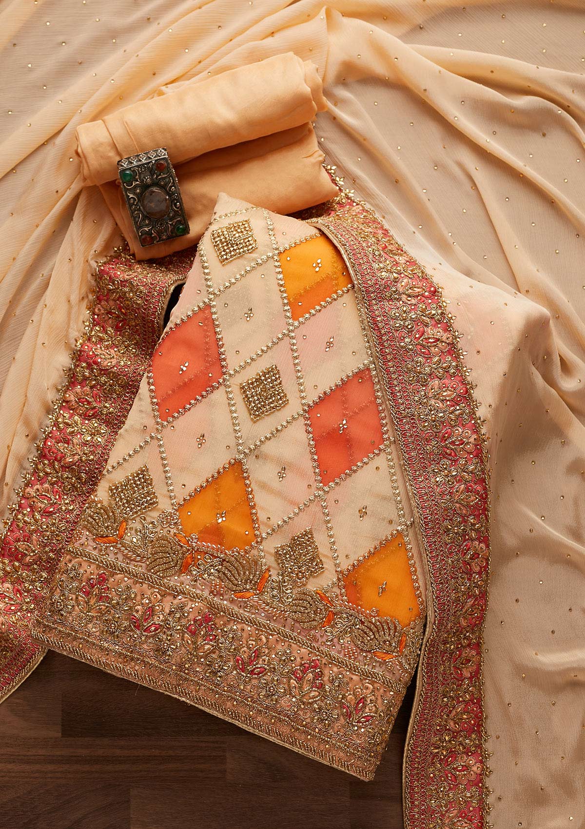 Peach Stonework Semi Crepe Unstitched Salwar Suit