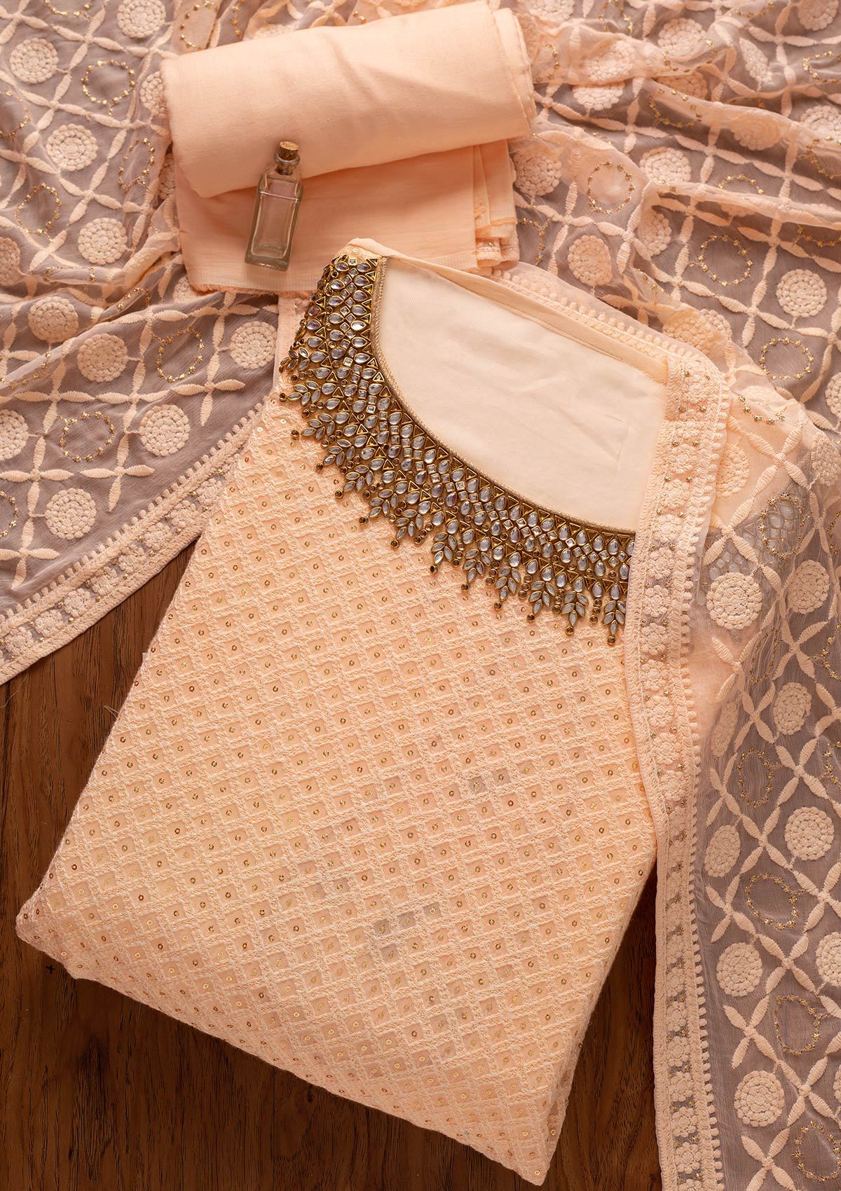 Peach Stonework Georgette Unstitched Salwar Suit