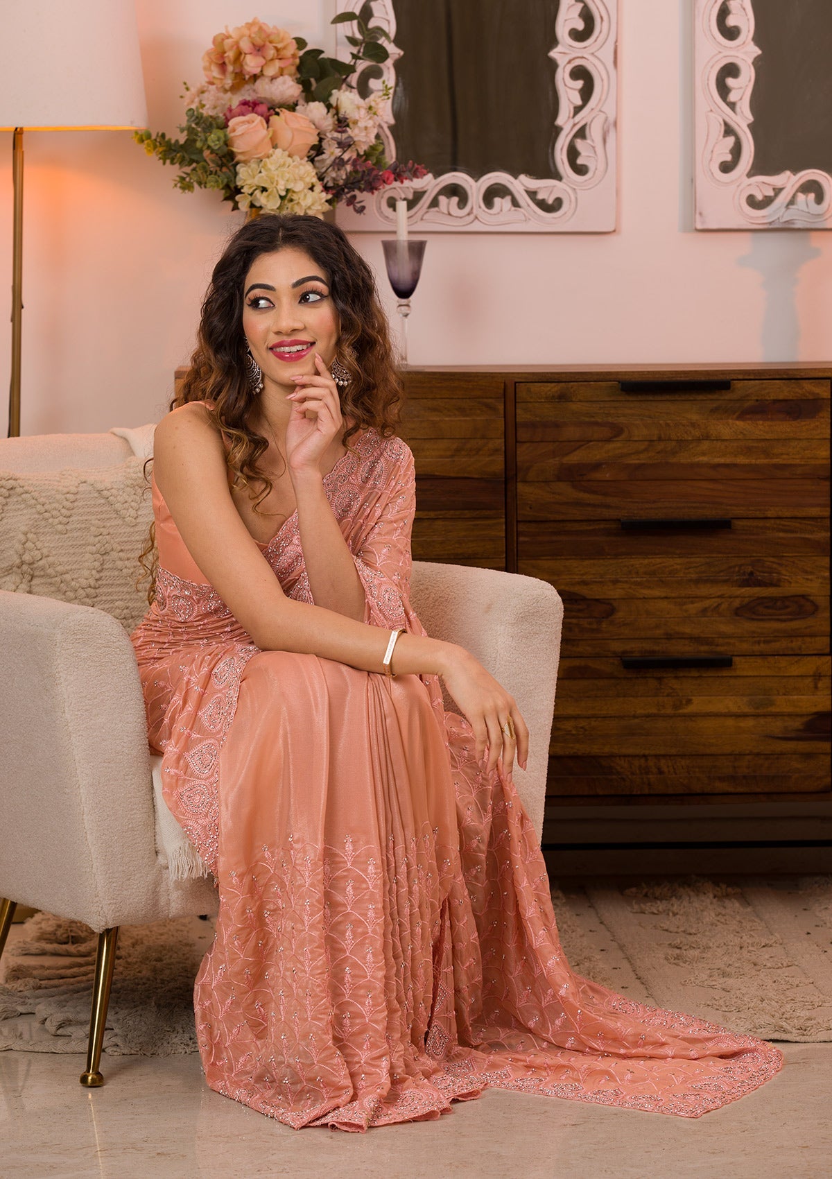 Peach Threadwork Georgette Designer Saree