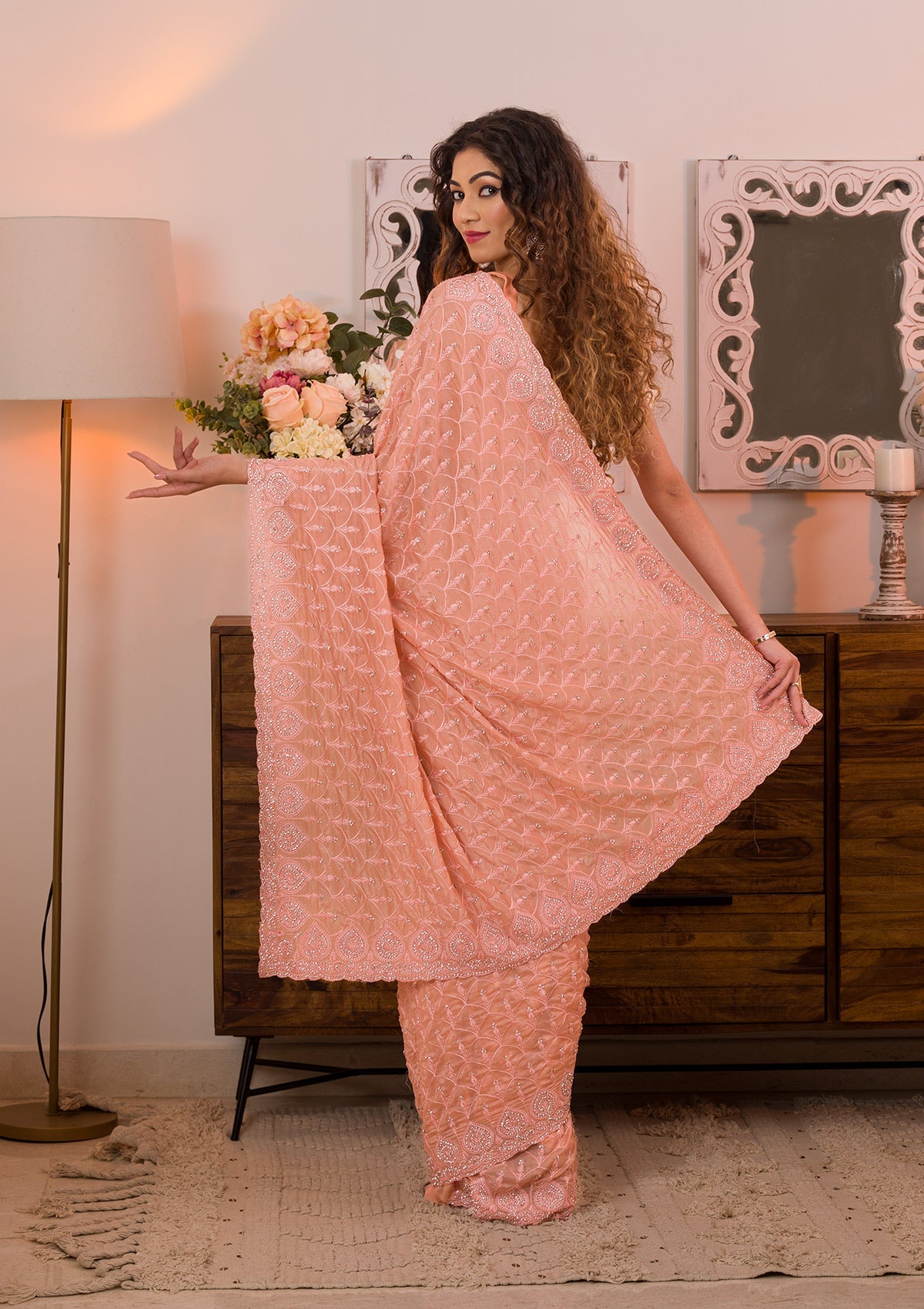 Peach Threadwork Georgette Designer Saree