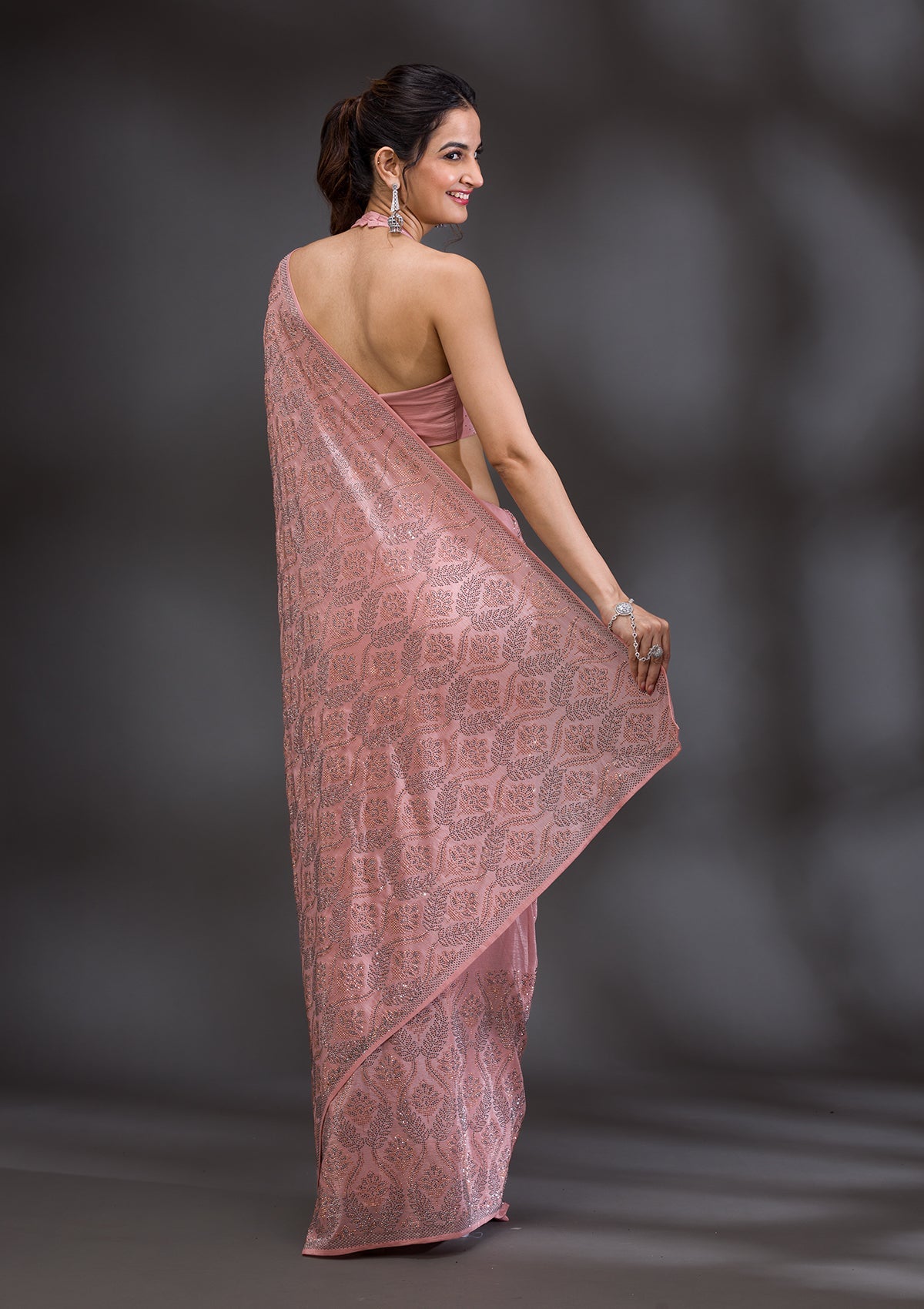 Peach Stonework (Gold) Georgette Saree