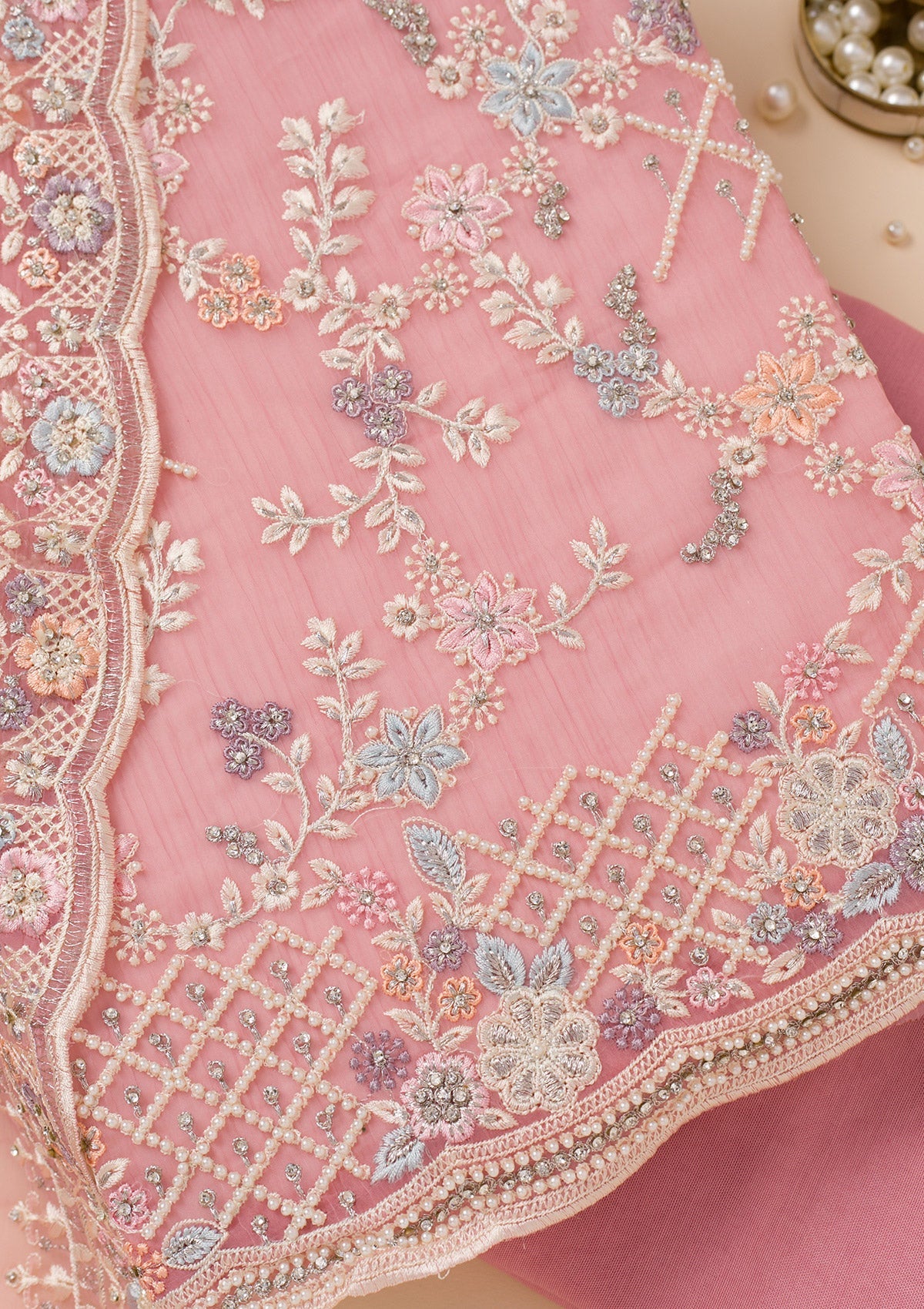 Peach Stonework Semi Crepe Unstitched Salwar Suit