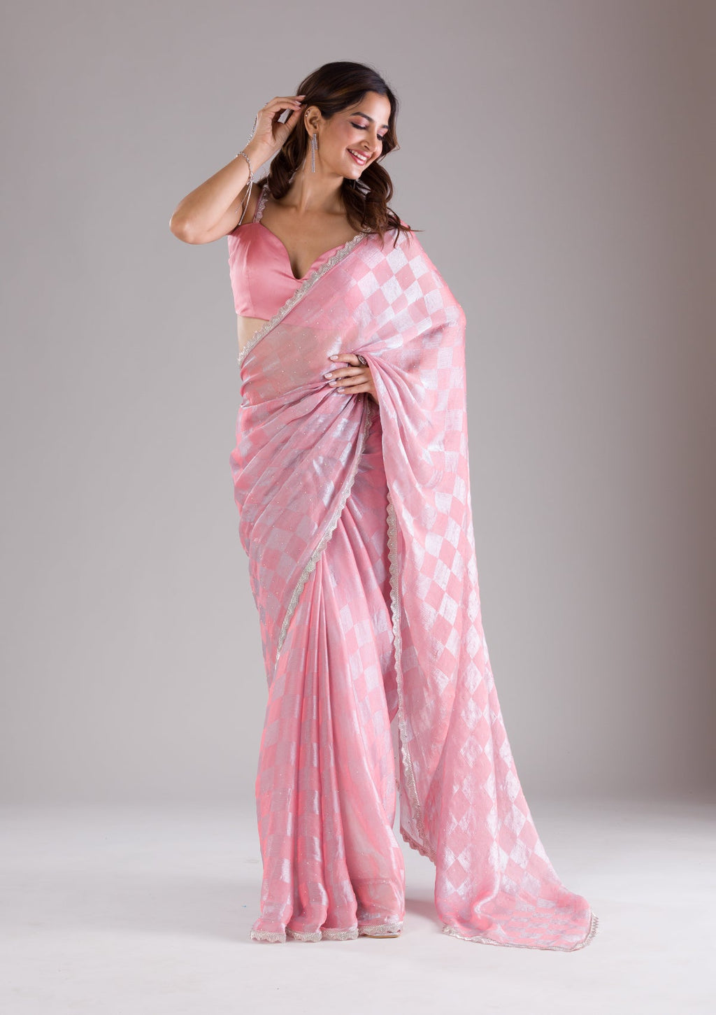 Peach Stonework Semi Crepe Saree