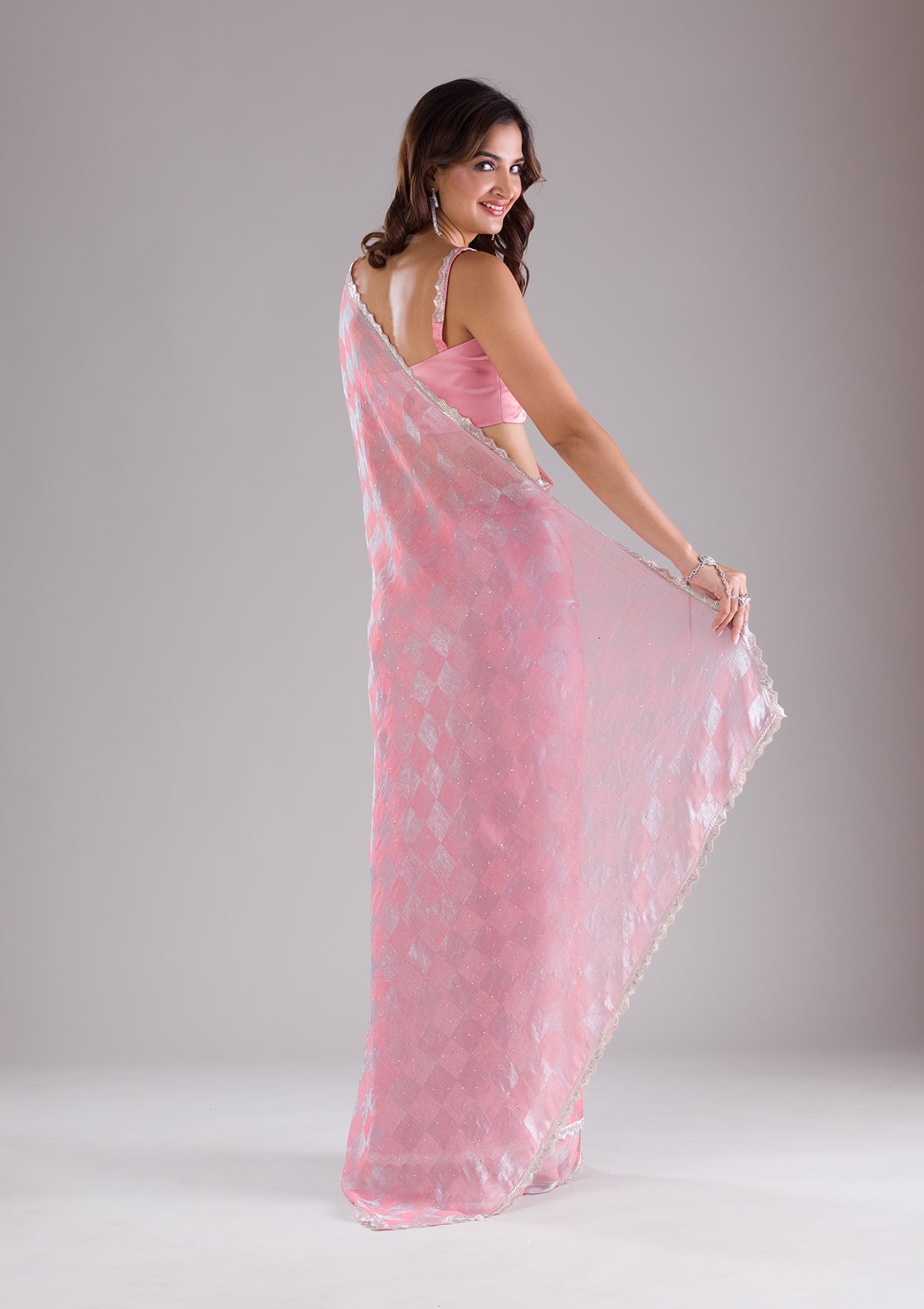 Peach Stonework Semi Crepe Saree