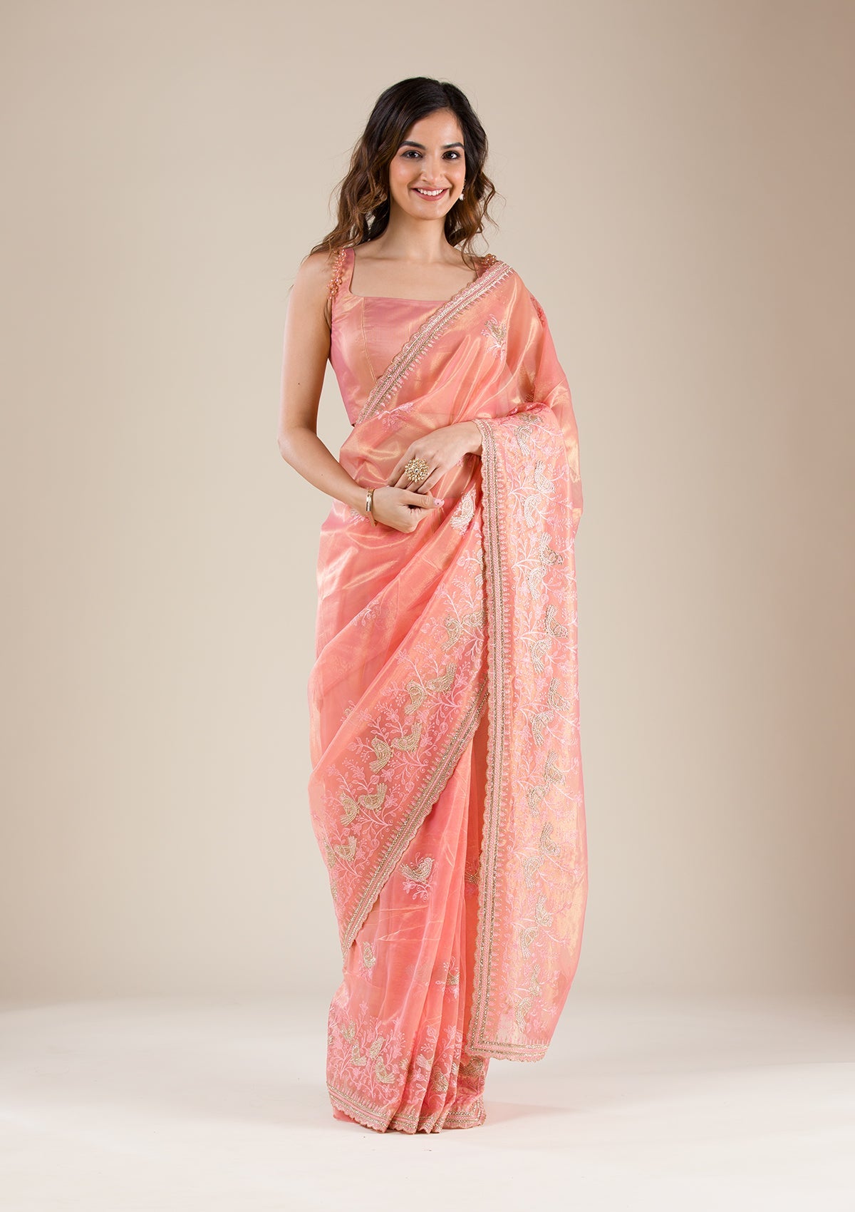 Peach Stonework Tissue Saree