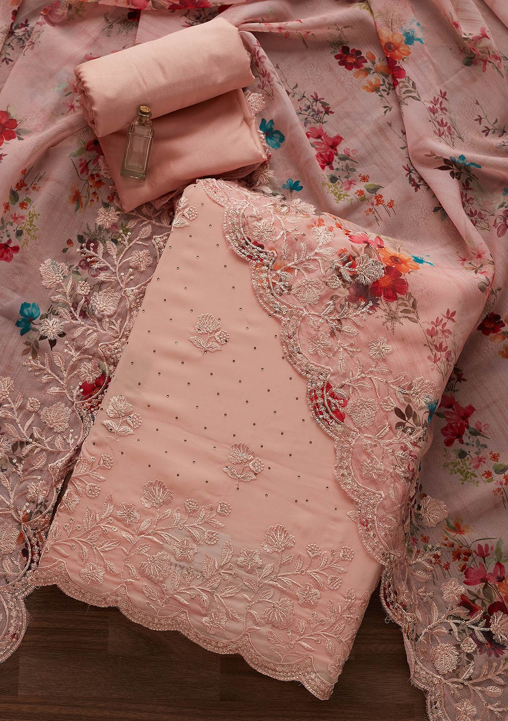 Peach Swarovski Georgette Unstitched Salwar Suit