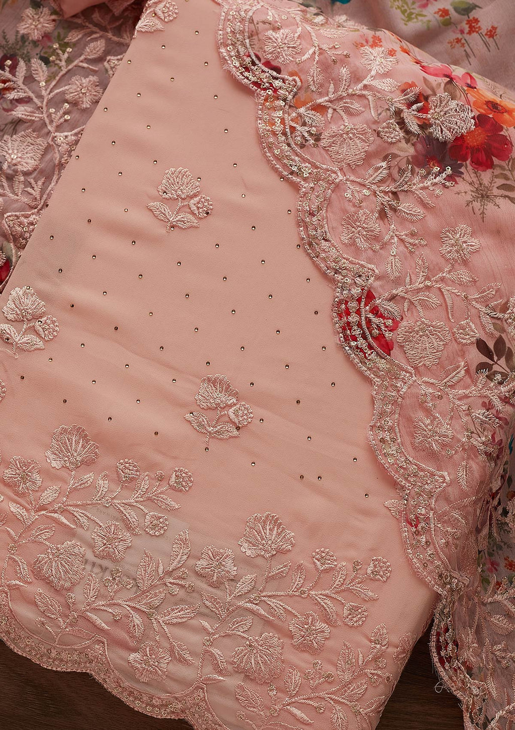 Peach Swarovski Georgette Unstitched Salwar Suit