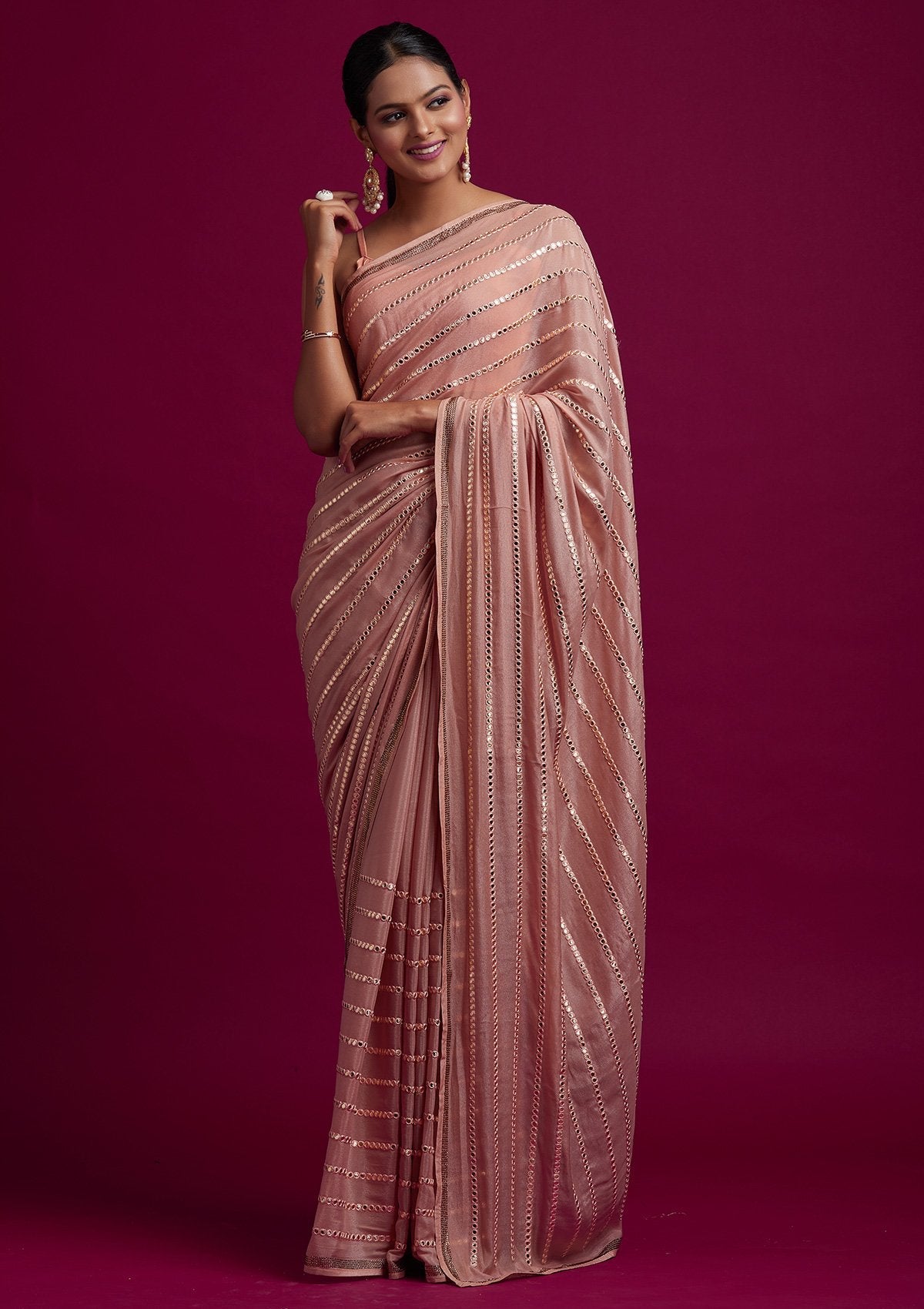 Peach Mirrorwork Georgette Designer Saree