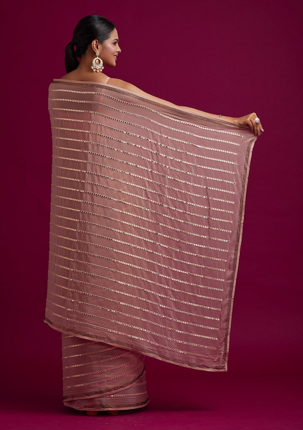 Peach Mirrorwork Georgette Designer Saree