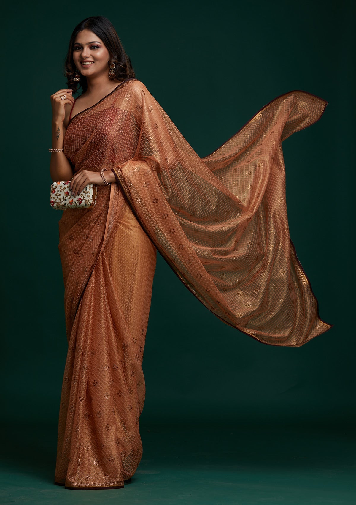 Peach Swarovski Net Designer Saree