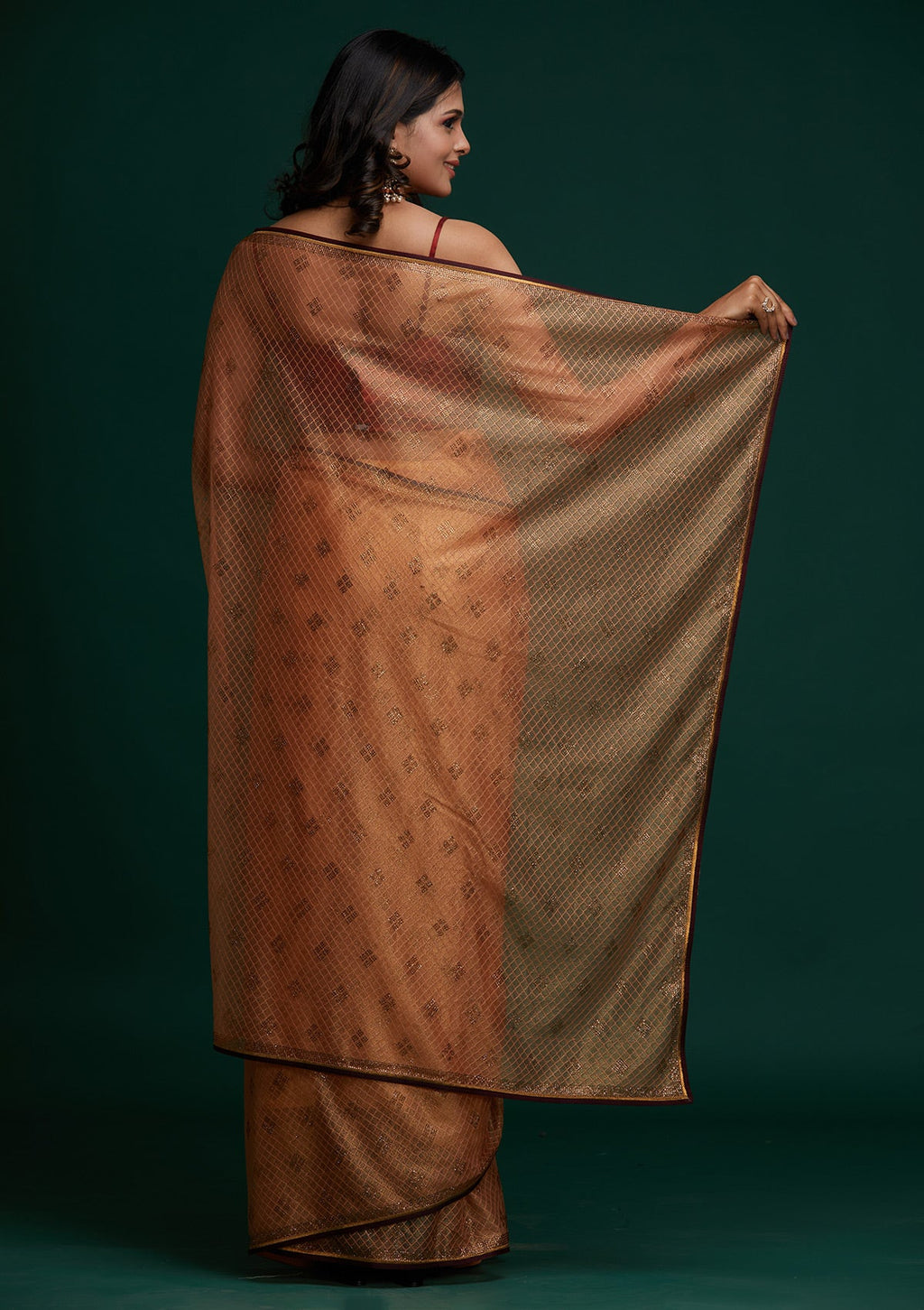 Peach Swarovski Net Designer Saree