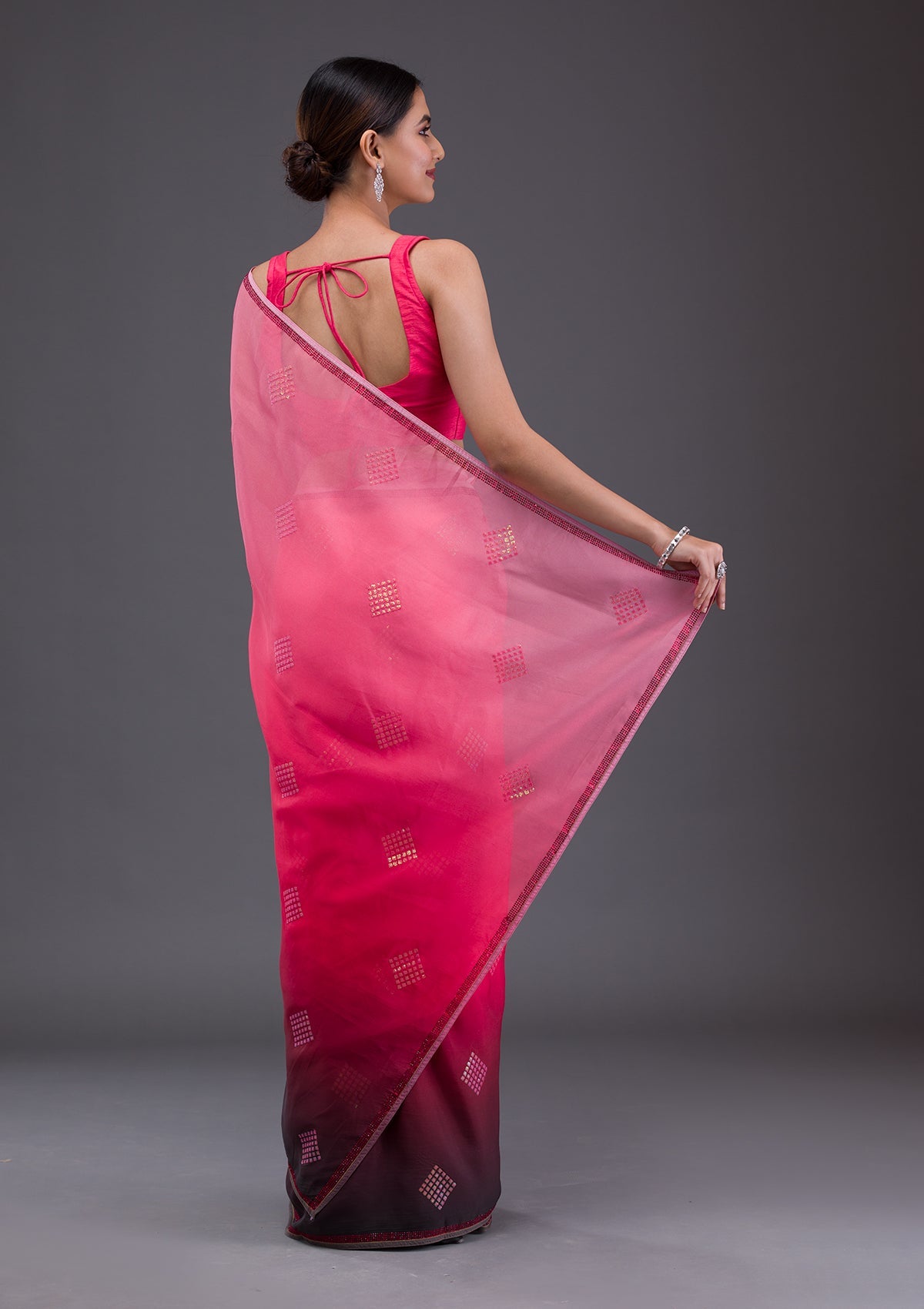 Peach Swarovski Satin Saree