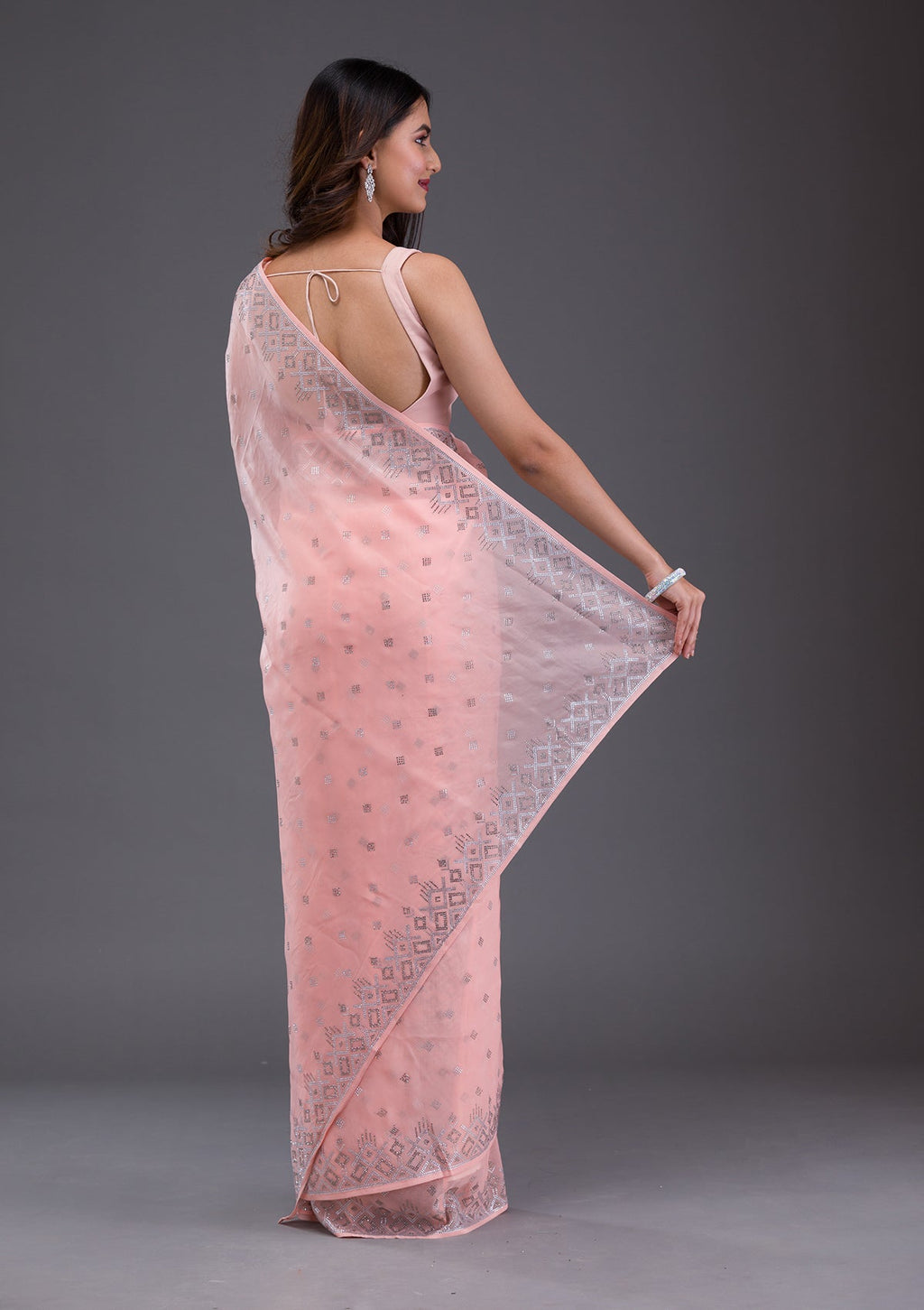 Peach Swarovski Satin Saree