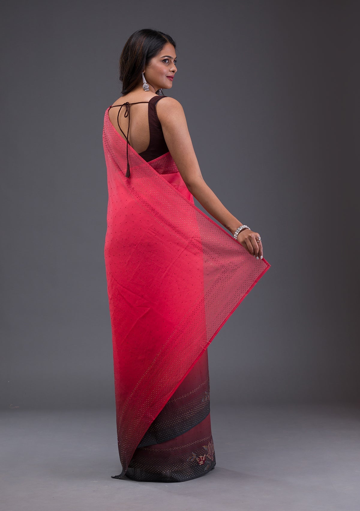 Peach Swarovski Satin Saree