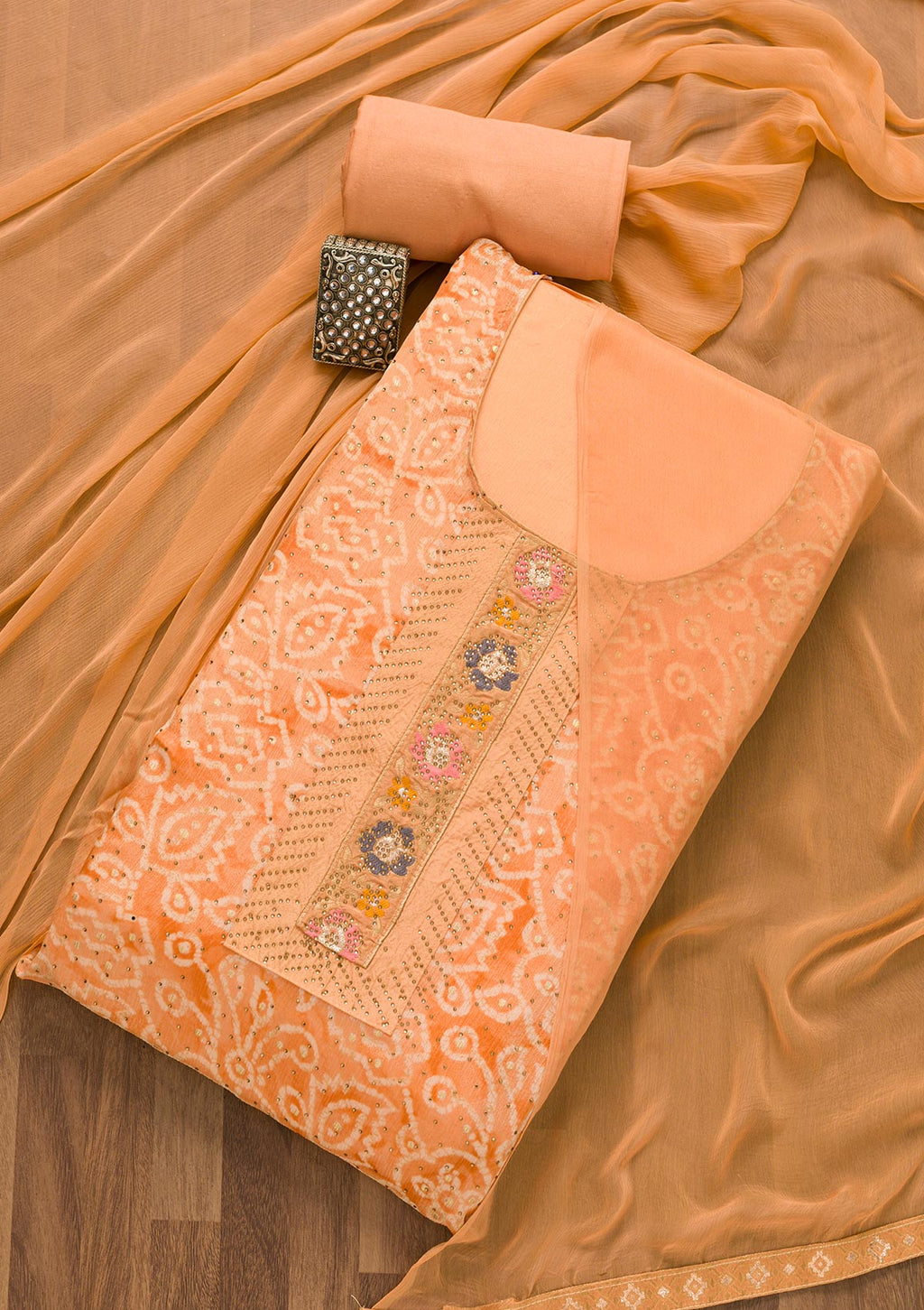 Peach Semi Crepe Swarovski Unstitched Salwar Suit