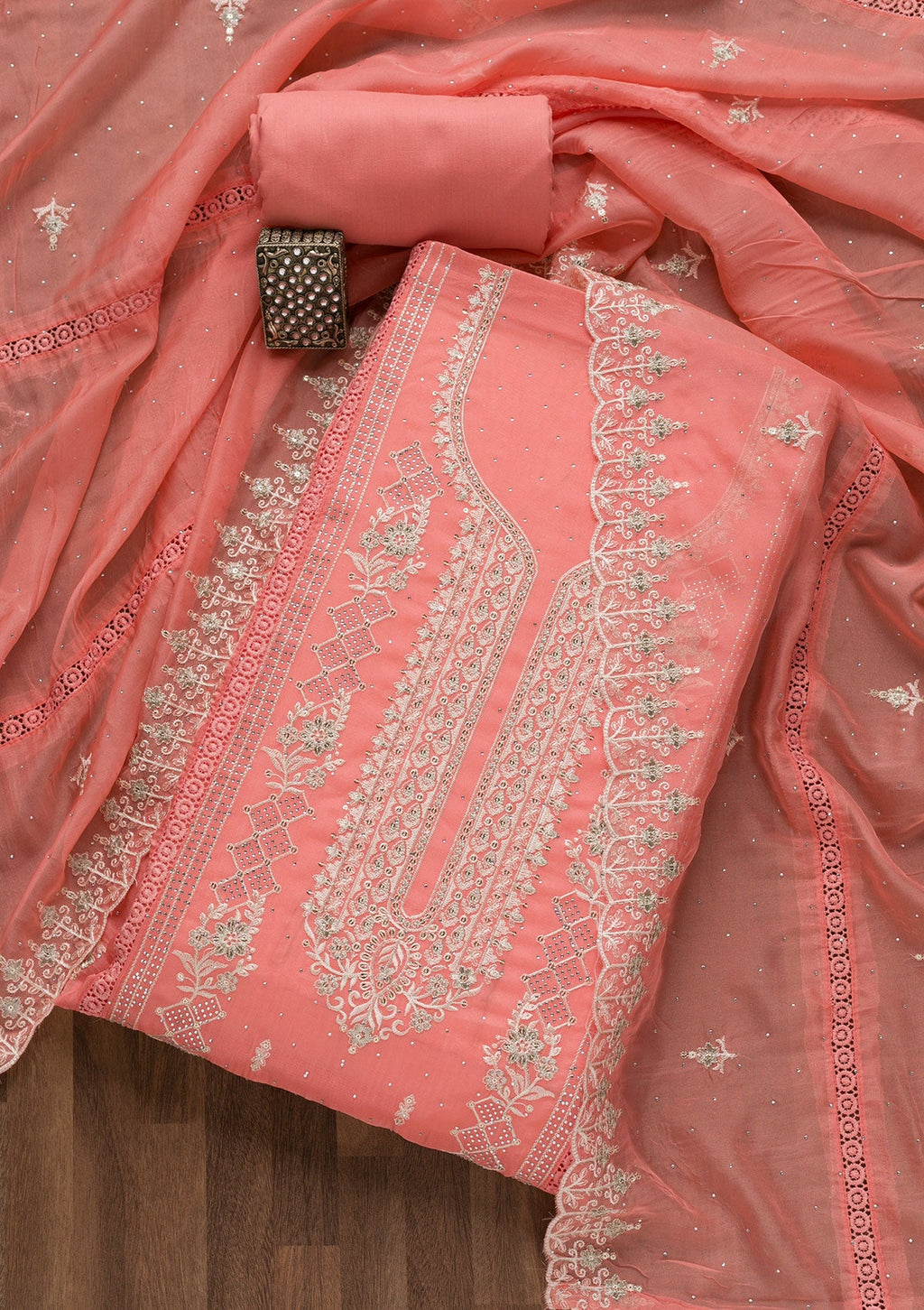 Peach Swarovski Tissue Unstitched Salwar Suit