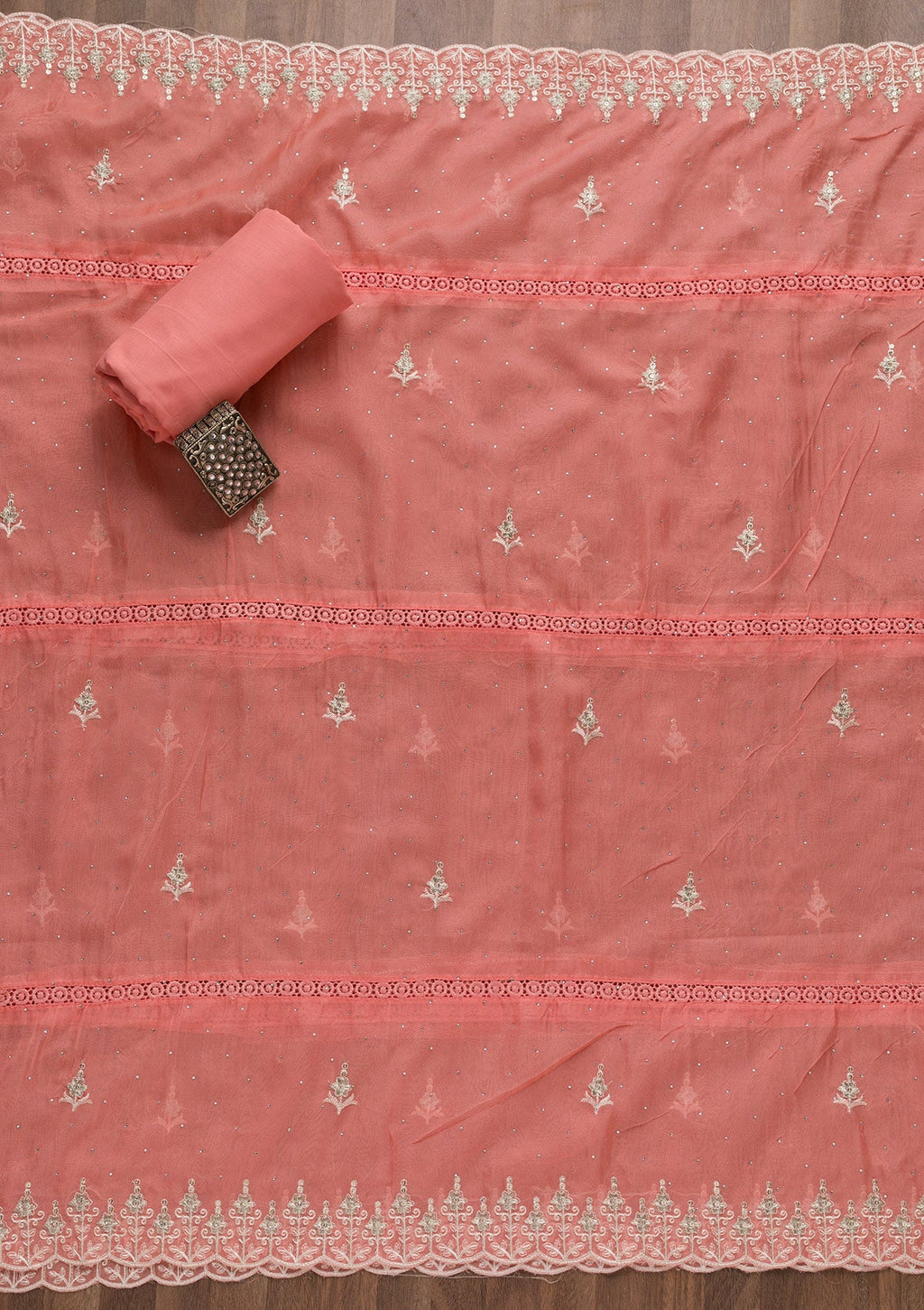 Peach Swarovski Tissue Unstitched Salwar Suit
