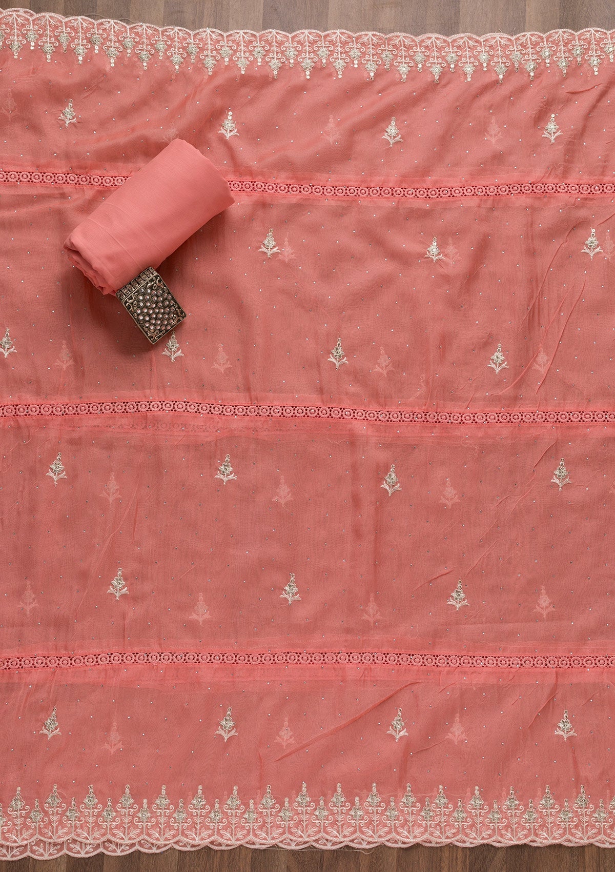 Peach Swarovski Tissue Unstitched Salwar Suit