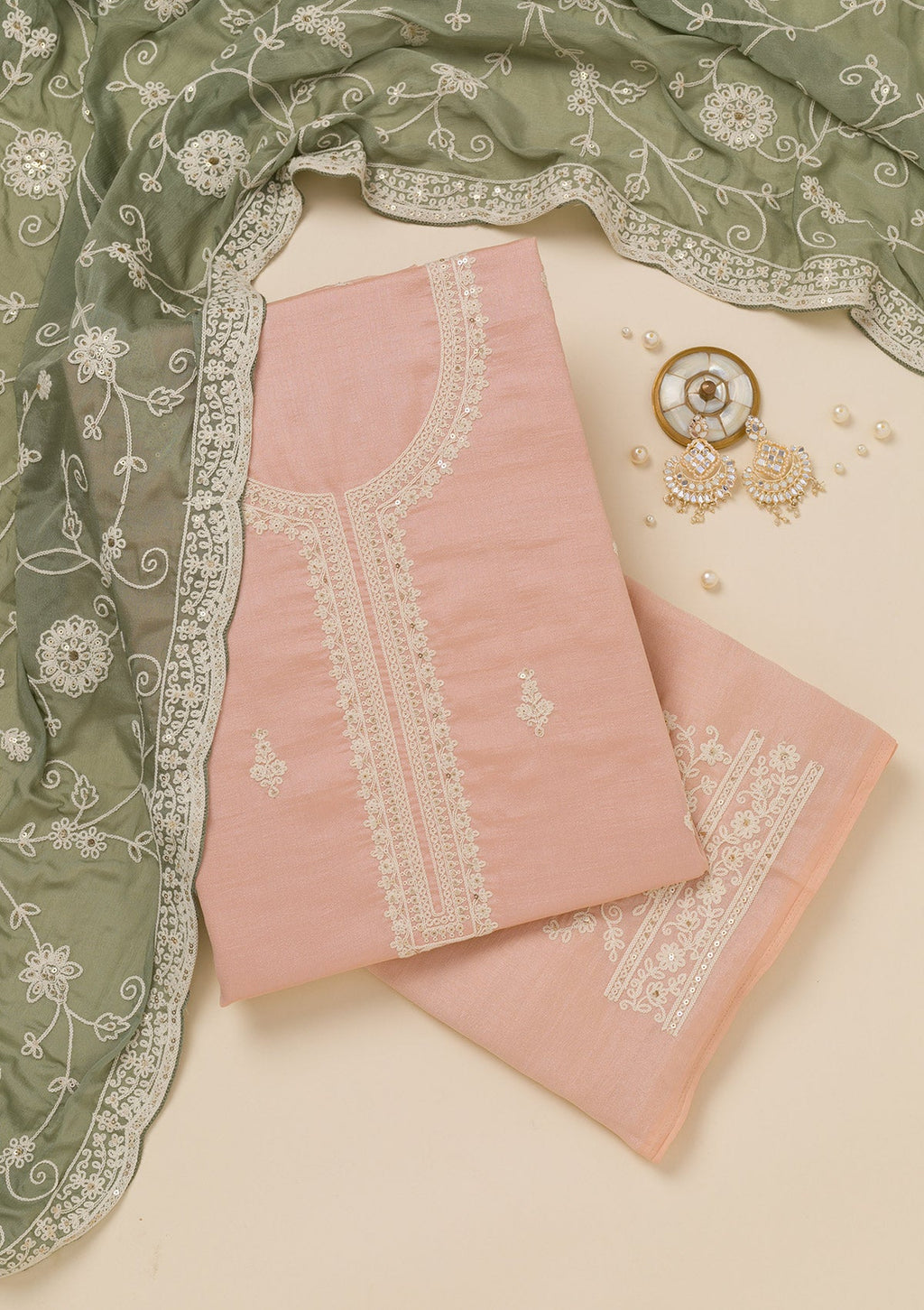 Peach Threadwork Art Silk Unstitched Salwar Suit