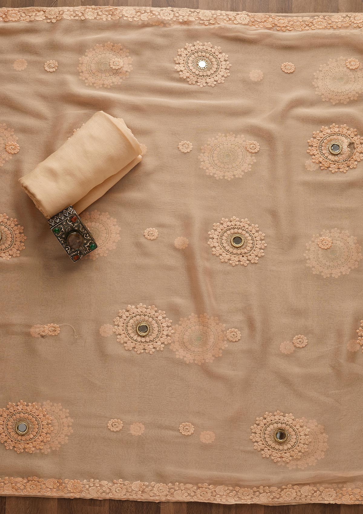 Peach Threadwork Chiffon Unstitched Salwar Suit