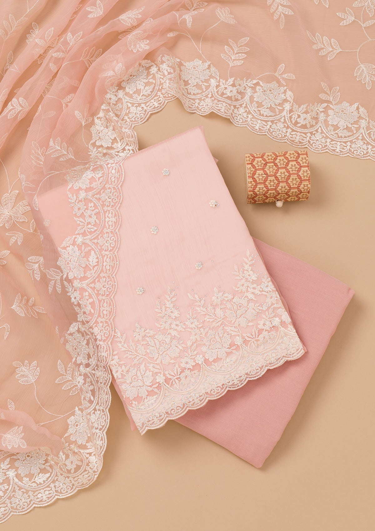 Peach Threadwork Chiffon Unstitched Salwar Suit