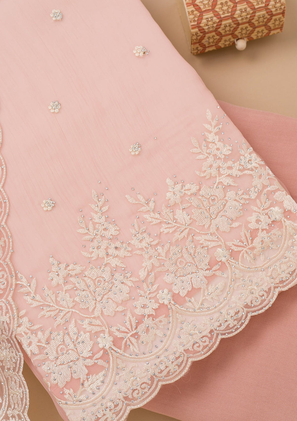 Peach Threadwork Chiffon Unstitched Salwar Suit