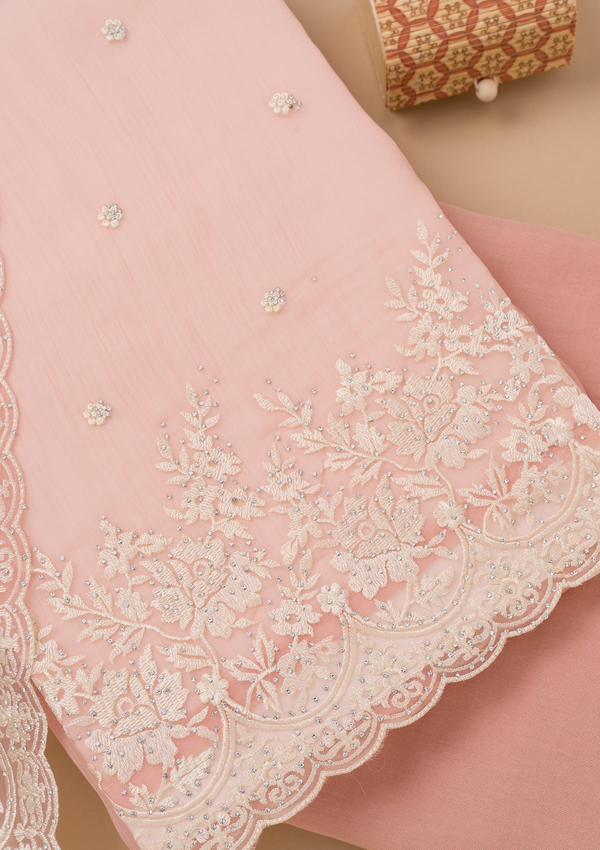 Peach Threadwork Chiffon Unstitched Salwar Suit