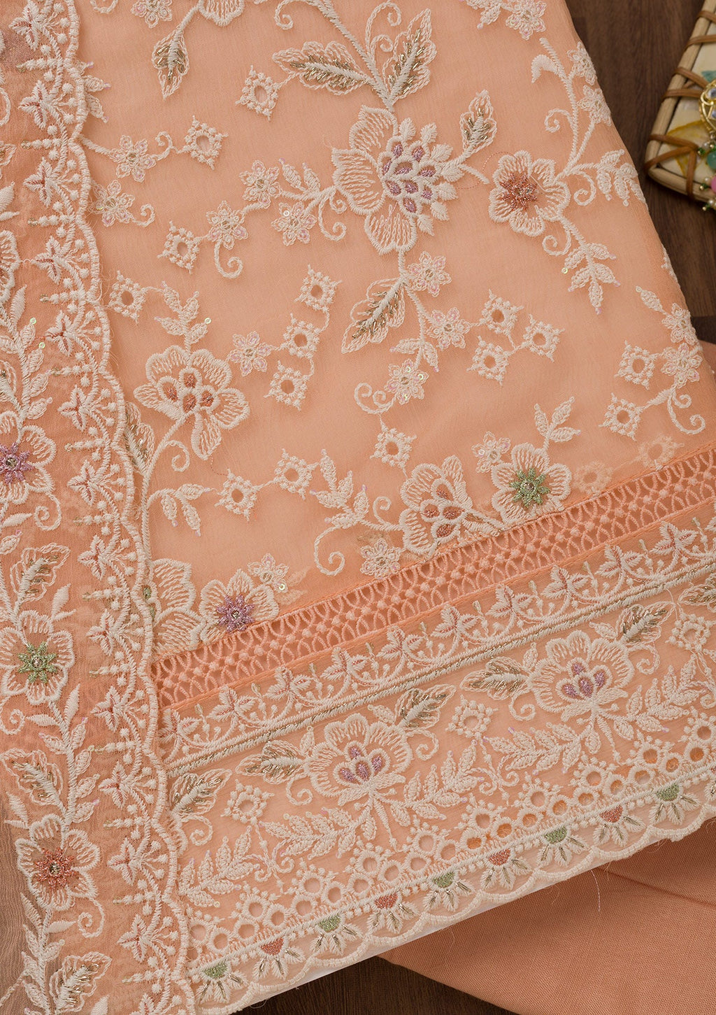 Peach Threadwork Chiffon Unstitched Salwar Suit