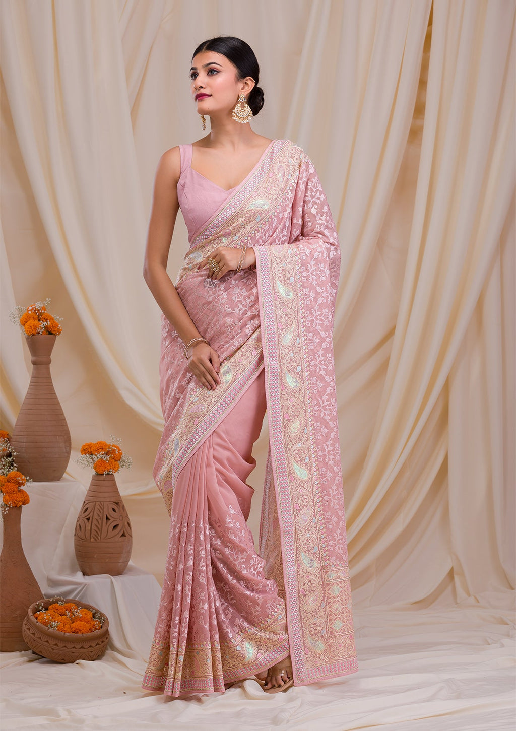 Peach Chikankari Chiffon Saree