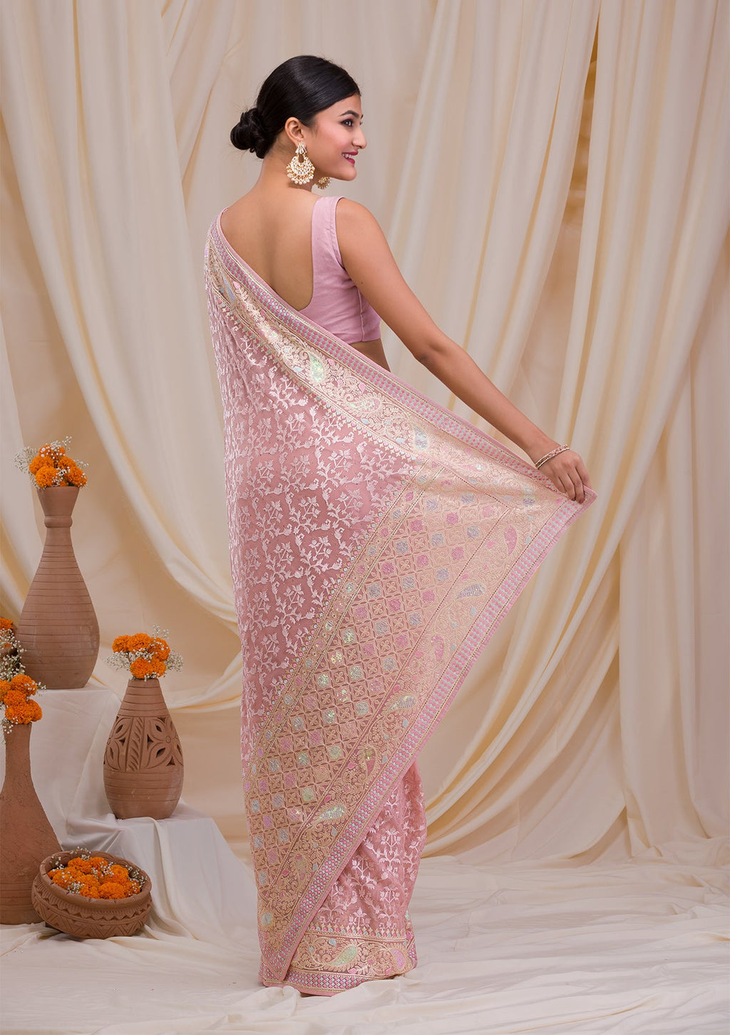 Peach Chikankari Chiffon Saree