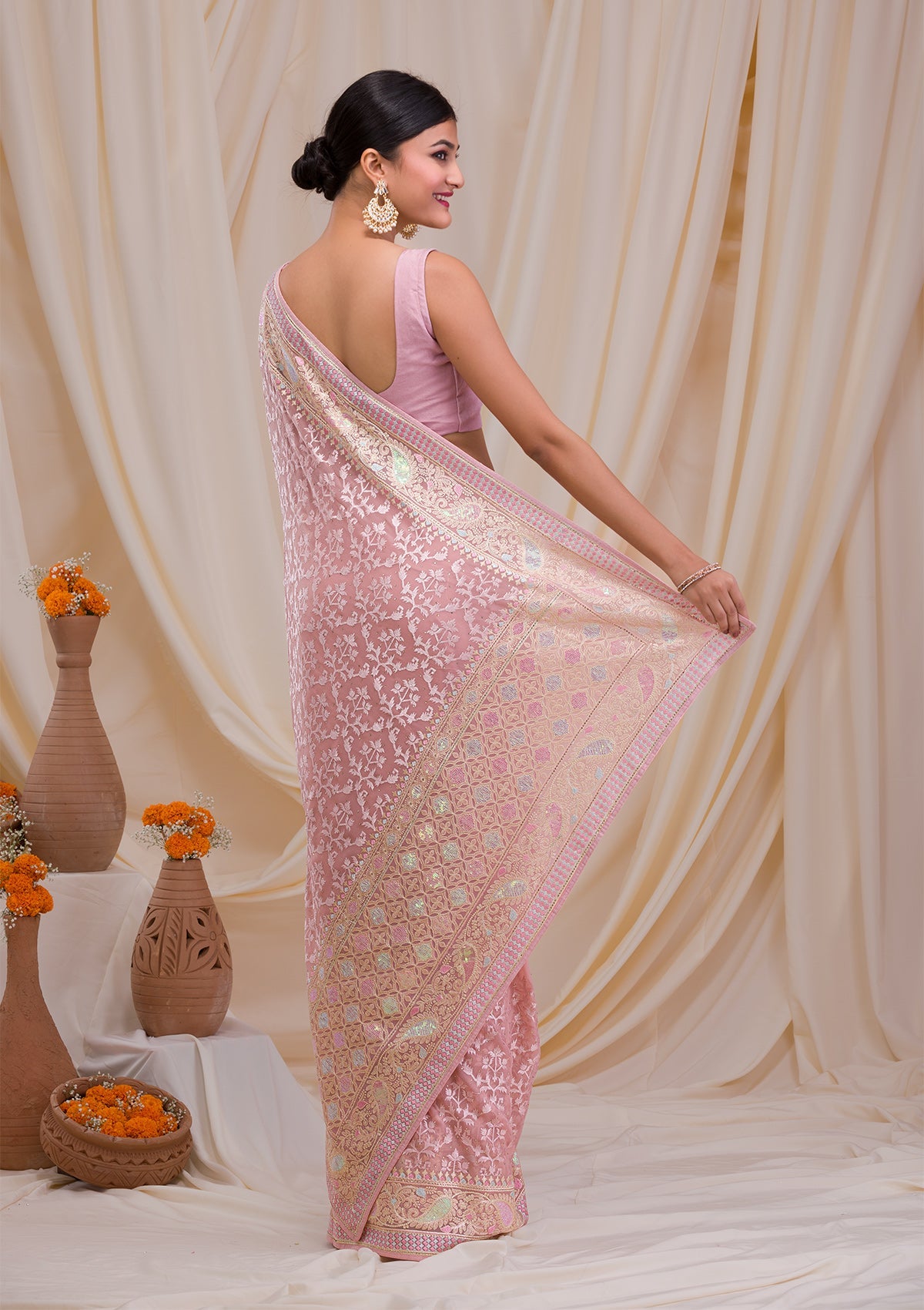 Peach Chikankari Chiffon Saree