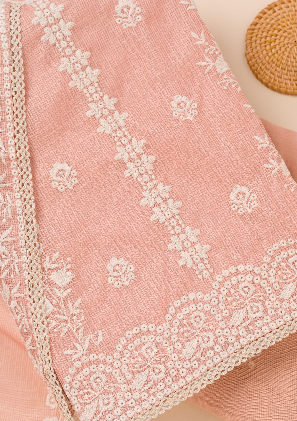 Peach Threadwork Cotton Blend Unstitched Salwar Suit