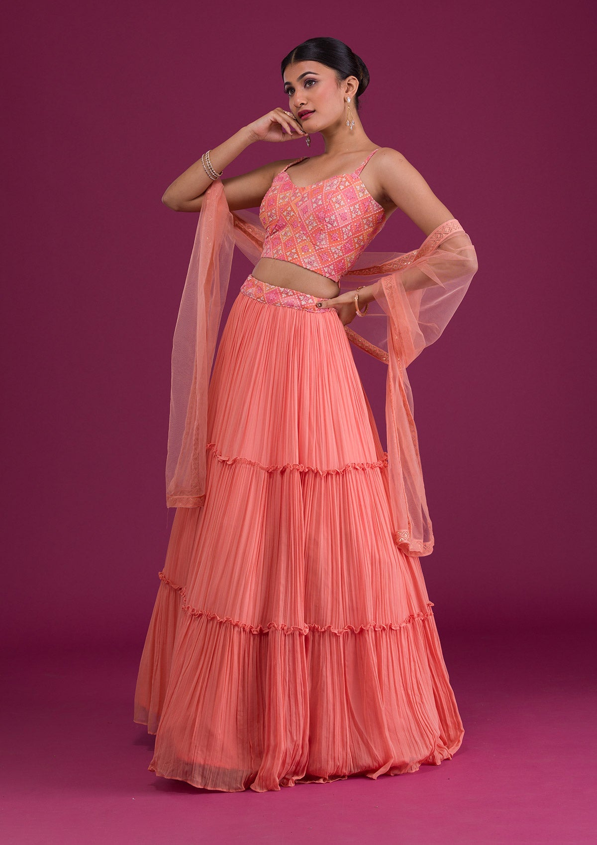 Peach Threadwork Georgette Readymade Lehenga
