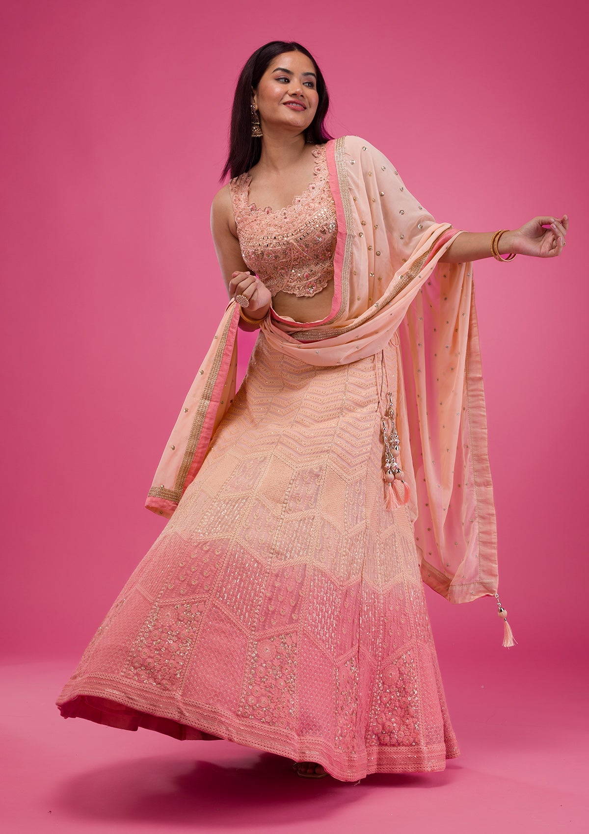 Peach Threadwork Georgette Readymade Lehenga